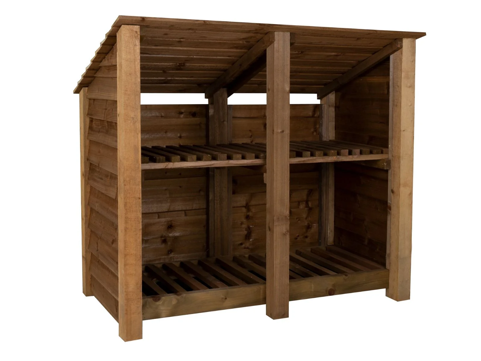 Wooden Log Store (Roof Sloping Back) with Shelf W-146cm, H-126cm or 180cm, D-88cm - Brown Finish - Image 3