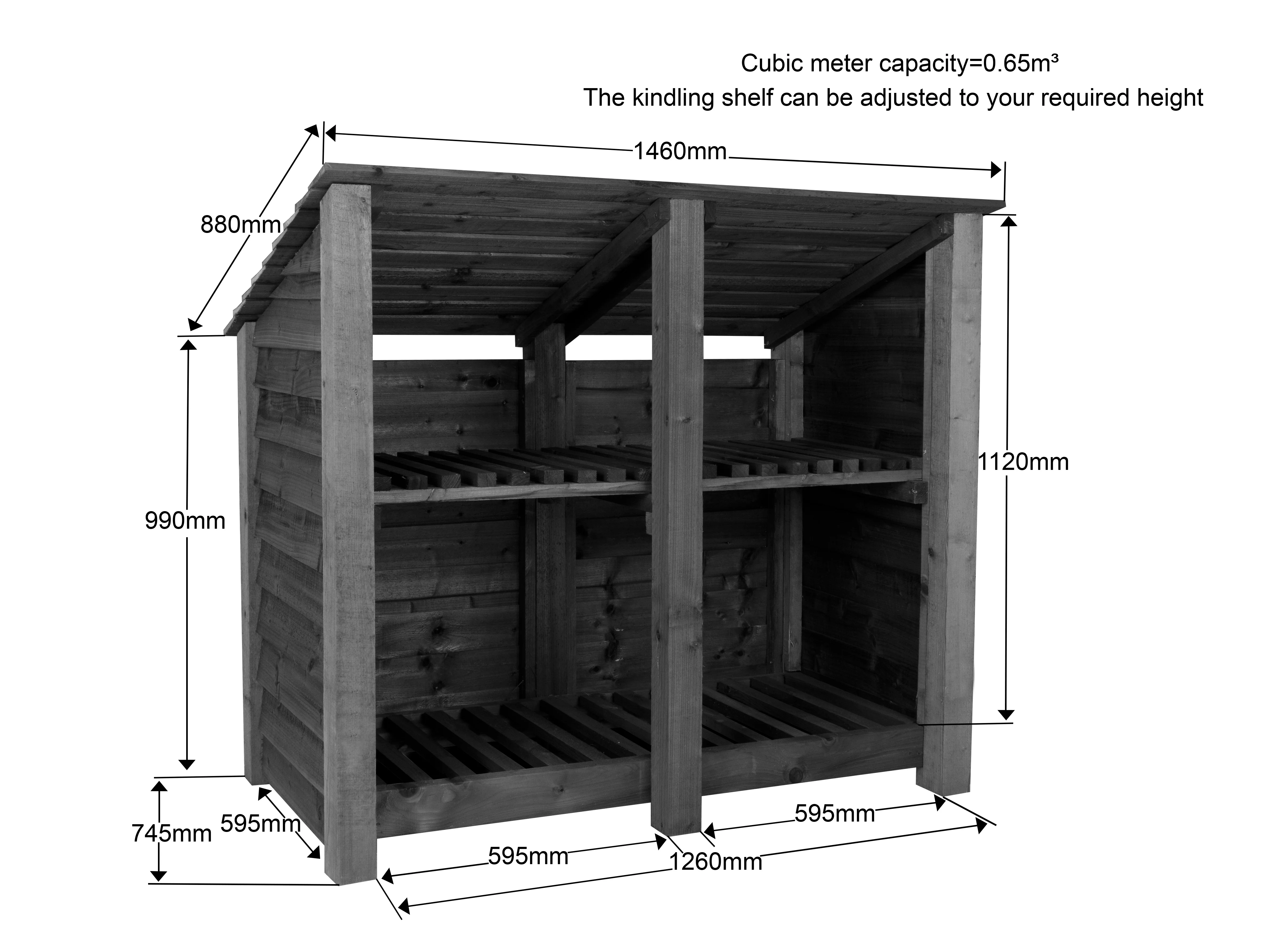 Wooden Log Store (Roof Sloping Back) with Shelf W-146cm, H-126cm or 180cm, D-88cm - Brown Finish - Image 4