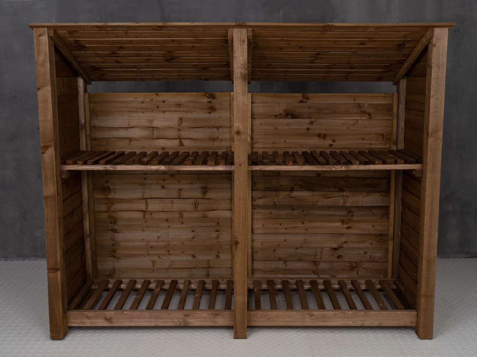 Wooden Log Store (Roof Sloping Back) with Shelf W-227cm, H-126cm or 180cm, D-88cm - Brown Finish - Image 3