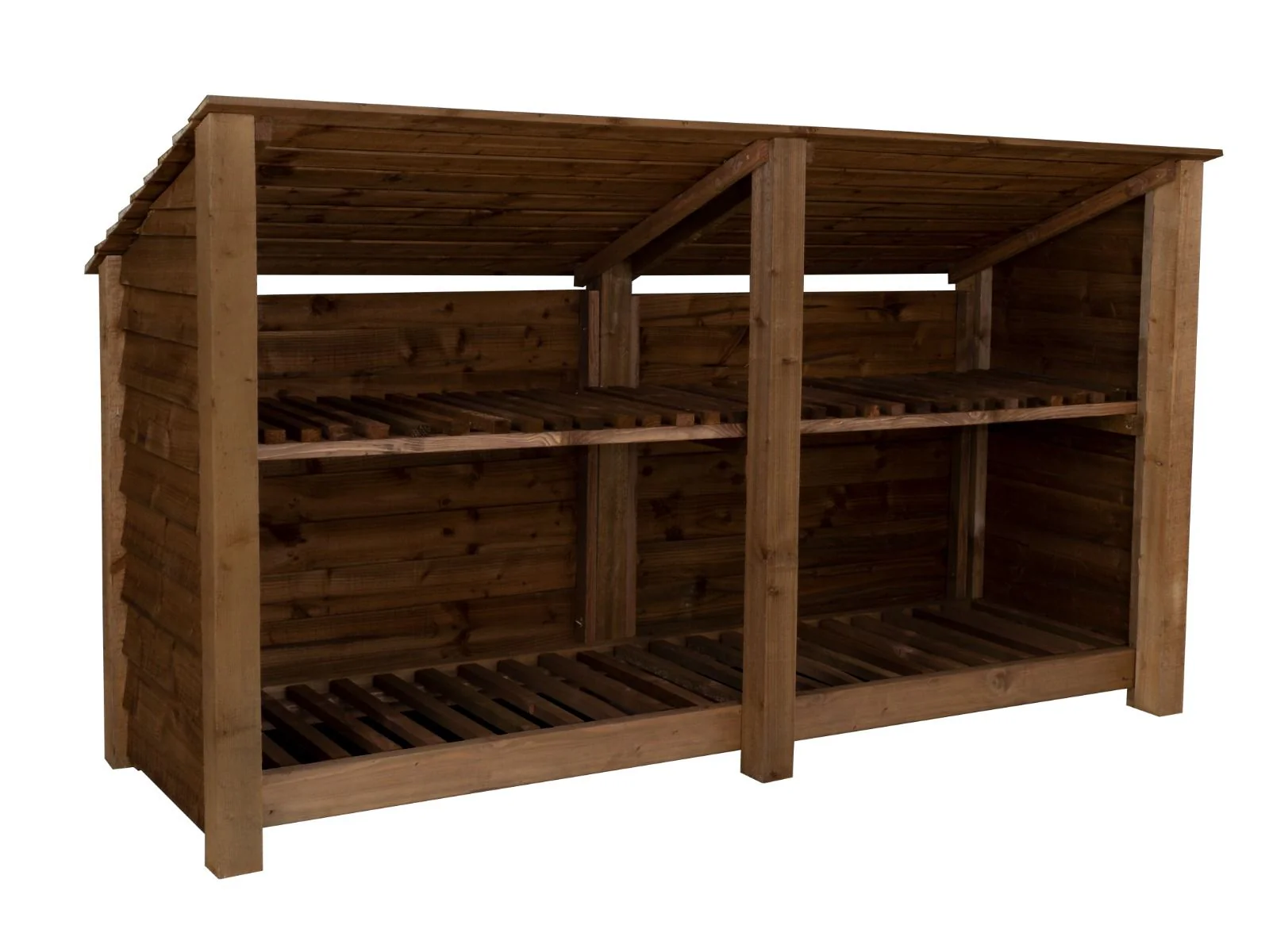 Wooden Log Store (Roof Sloping Back) with Shelf W-227cm, H-126cm or 180cm, D-88cm - Brown Finish - Image 4