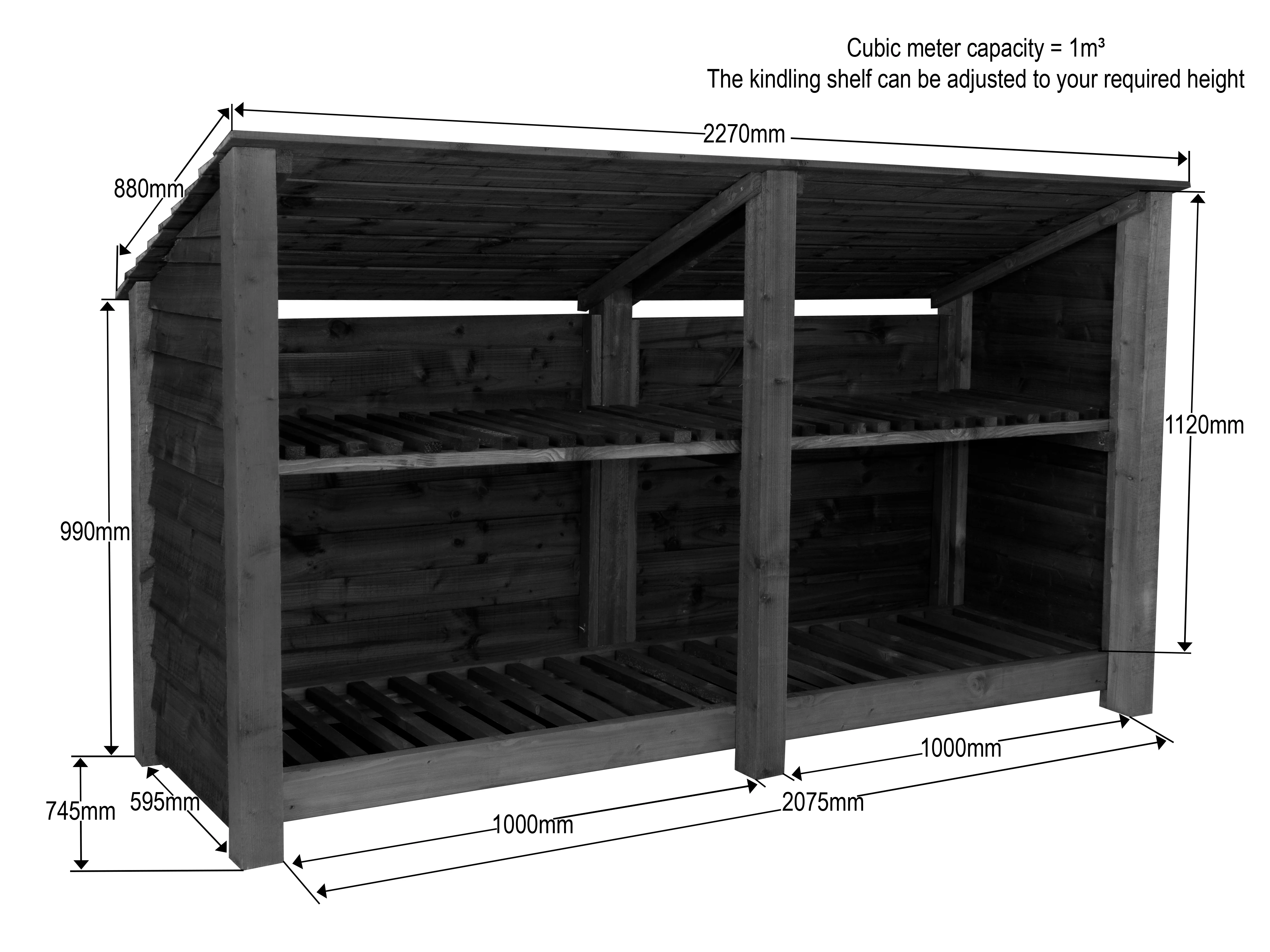 Wooden Log Store (Roof Sloping Back) with Shelf W-227cm, H-126cm or 180cm, D-88cm - Brown Finish - Image 6