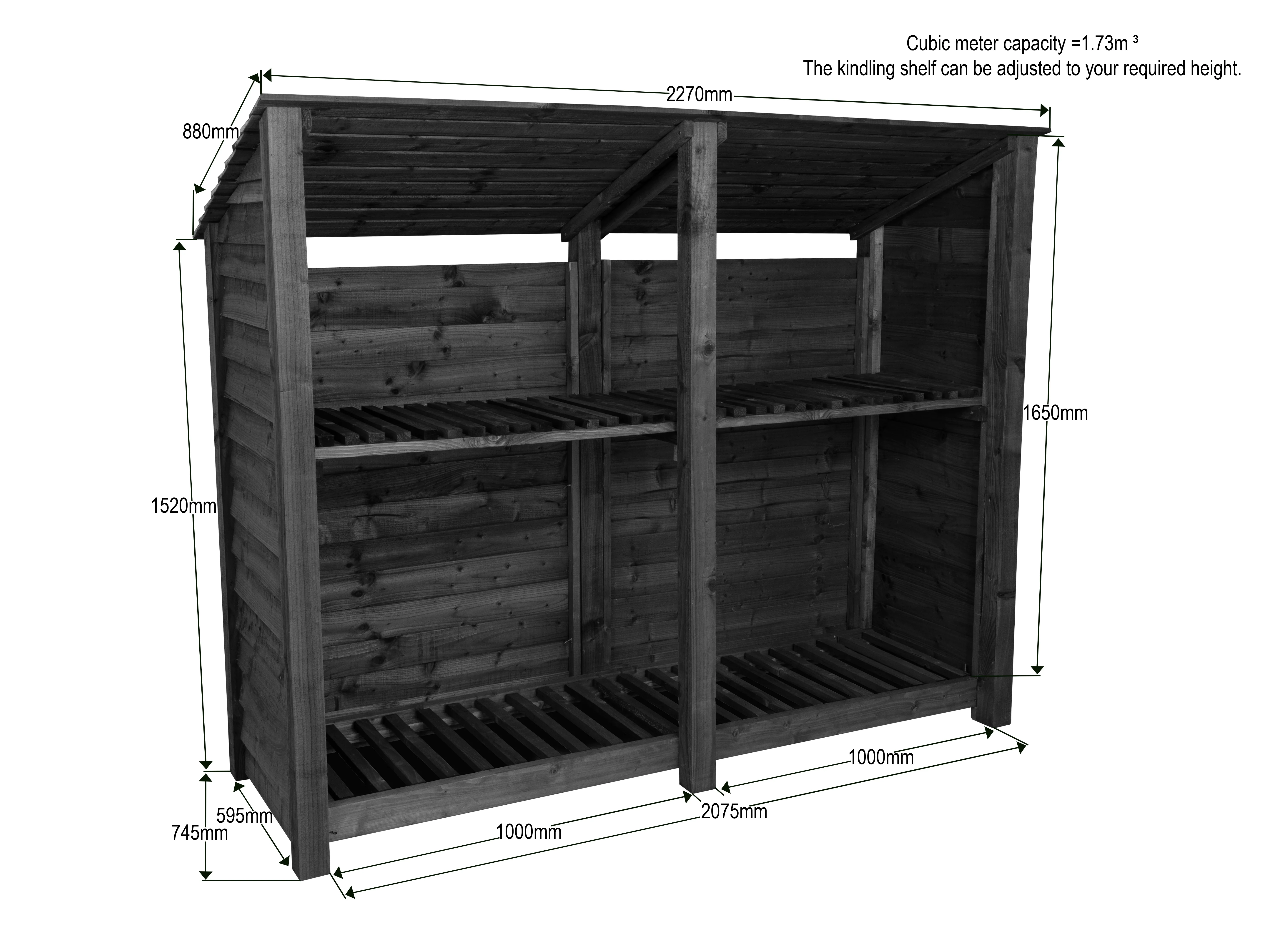 Wooden Log Store (Roof Sloping Back) with Shelf W-227cm, H-126cm or 180cm, D-88cm - Brown Finish - Image 7