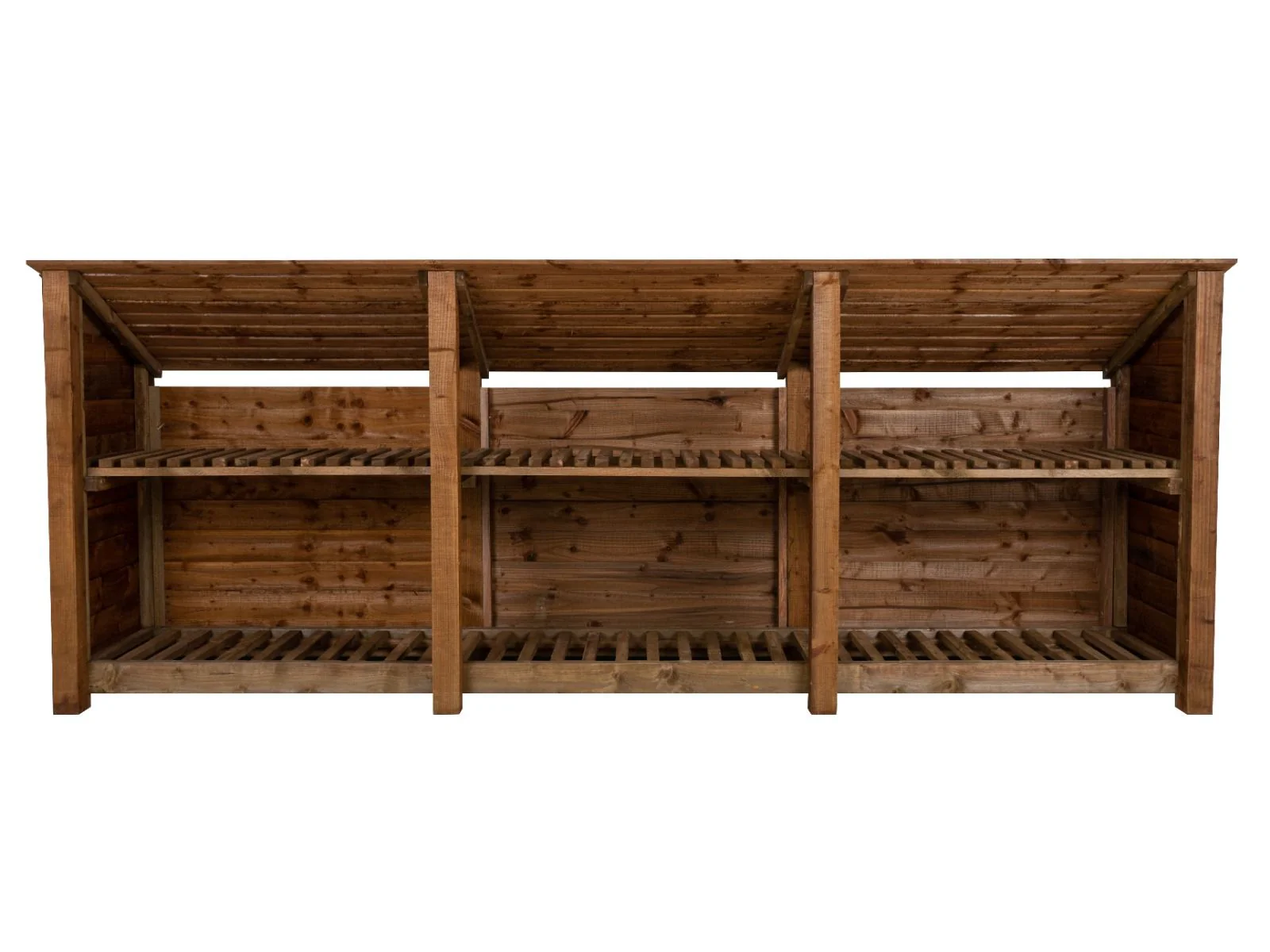 Wooden Log Store (Roof Sloping Back) with Shelf W-335cm, H-126cm or 180cm, D-88cm - Brown Finish - Image 4