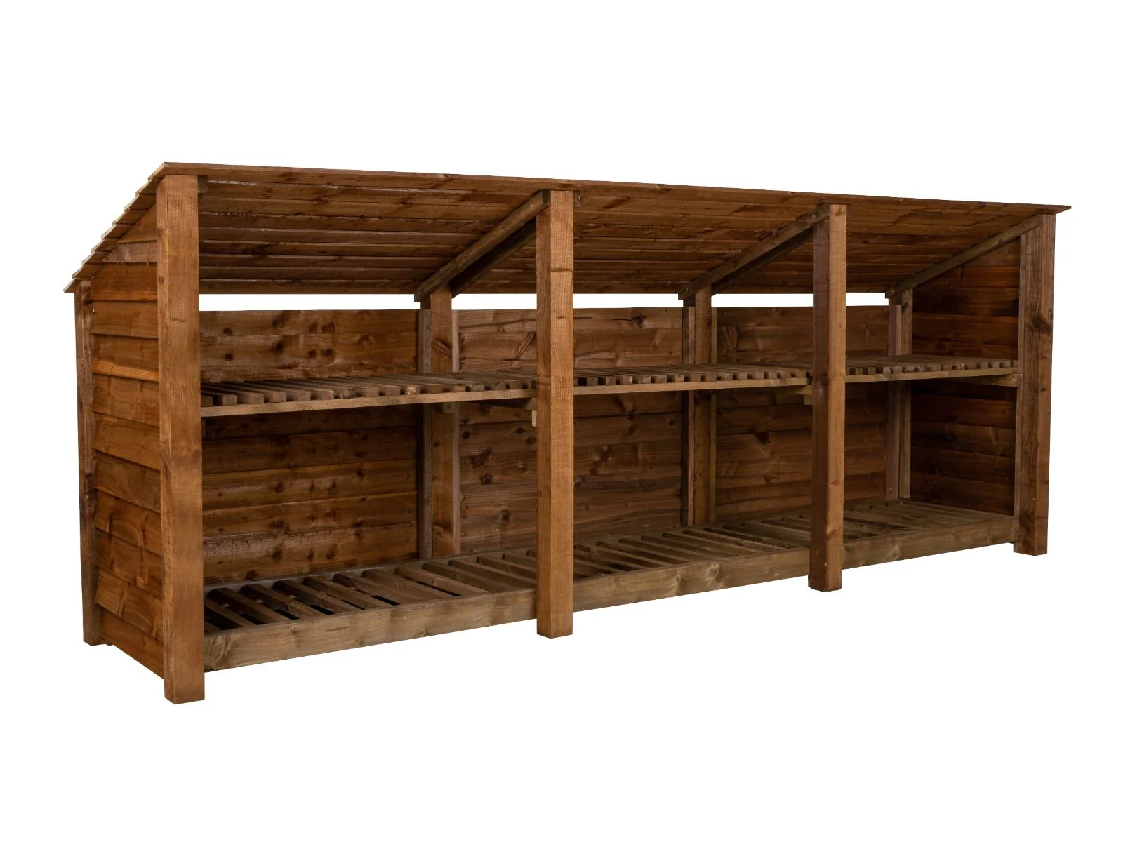 Wooden Log Store (Roof Sloping Back) with Shelf W-335cm, H-126cm or 180cm, D-88cm - Brown Finish - Image 5