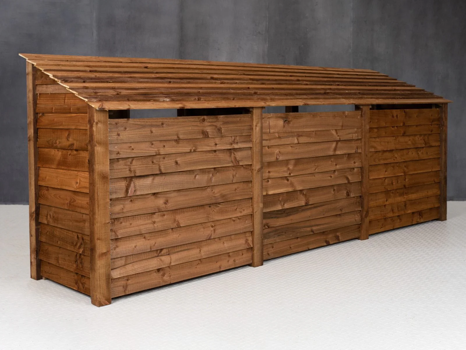 Wooden Log Store (Roof Sloping Back) with Shelf W-335cm, H-126cm or 180cm, D-88cm - Brown Finish - Image 6