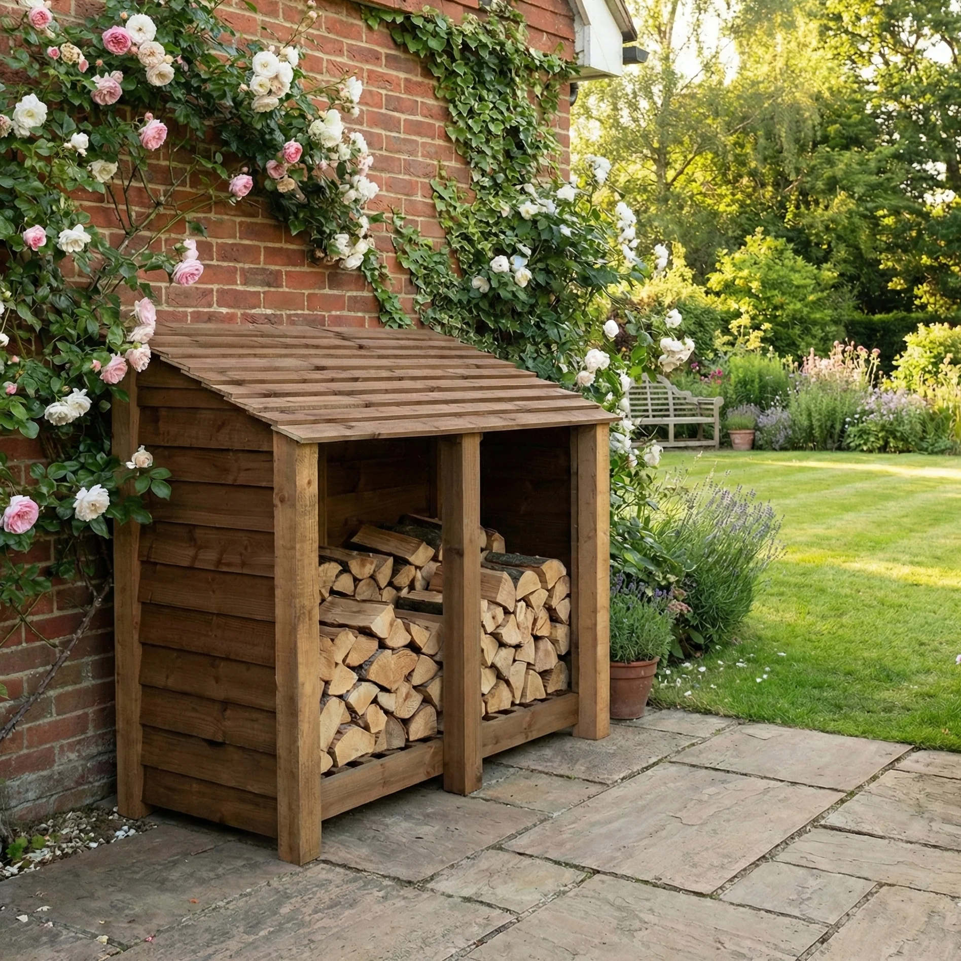 Wooden Log Store W-146cm, H-126cm or 180cm, D-88cm - Brown Finish - Image 3
