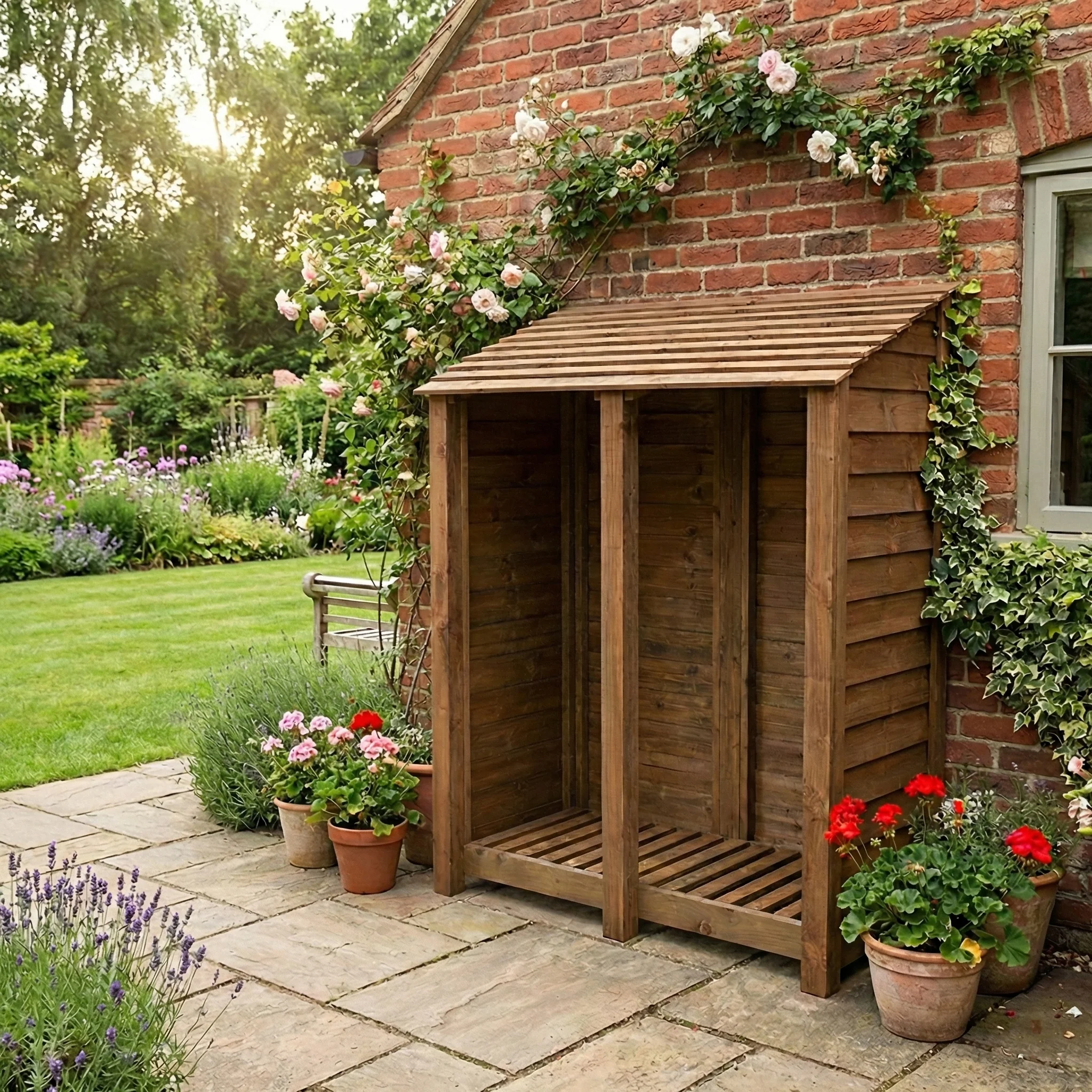 Wooden Log Store W-146cm, H-126cm or 180cm, D-88cm - Brown Finish - Image 4