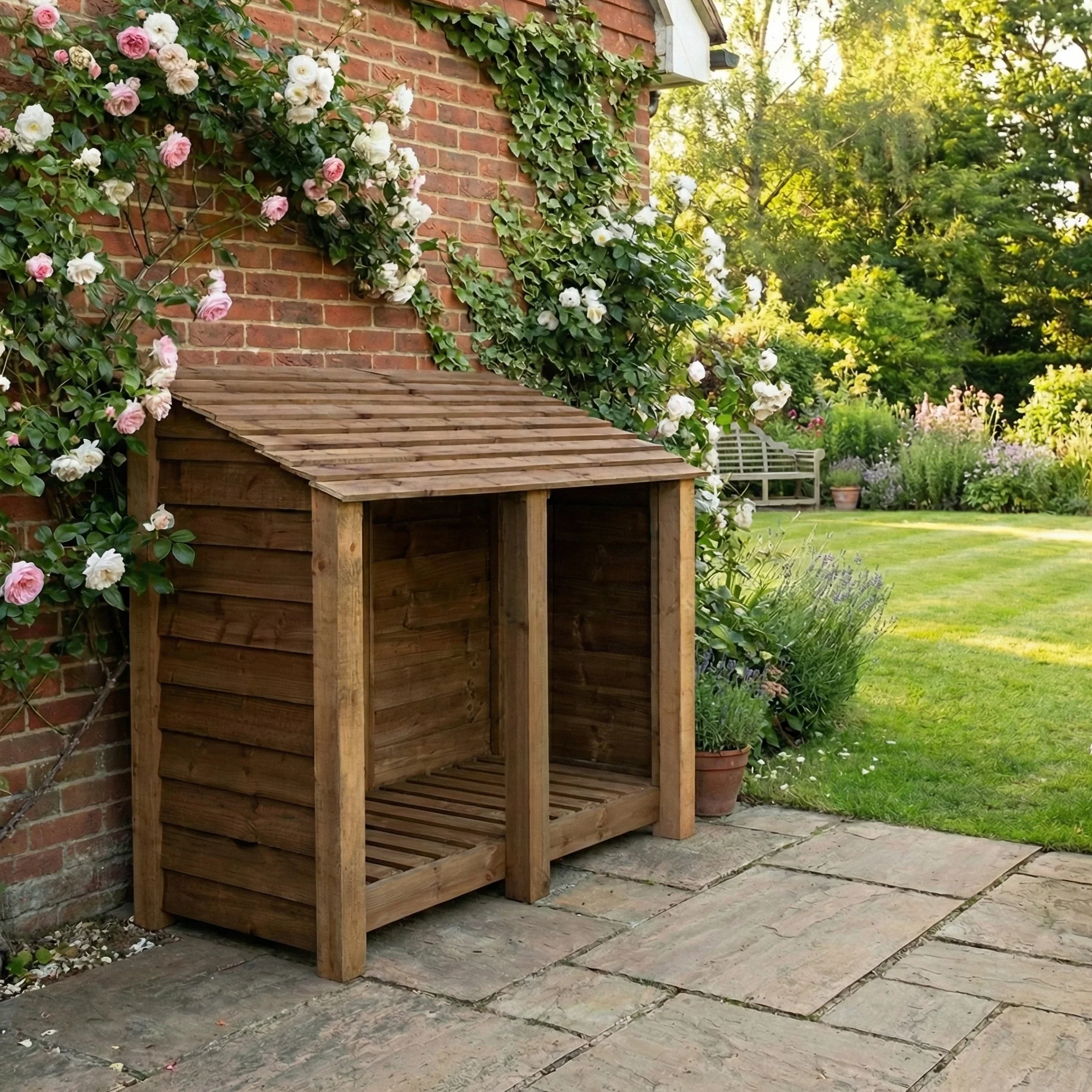 Wooden Log Store W-146cm, H-126cm or 180cm, D-88cm - Brown Finish - Image 5