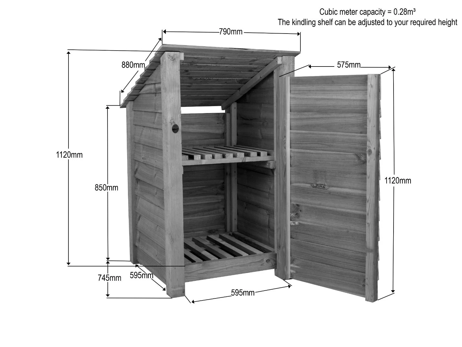 Wooden Log Store with Door and Shelf (Roof Sloping Back) W-79cm, H-126cm or 180cm, D-88cm - Image 4