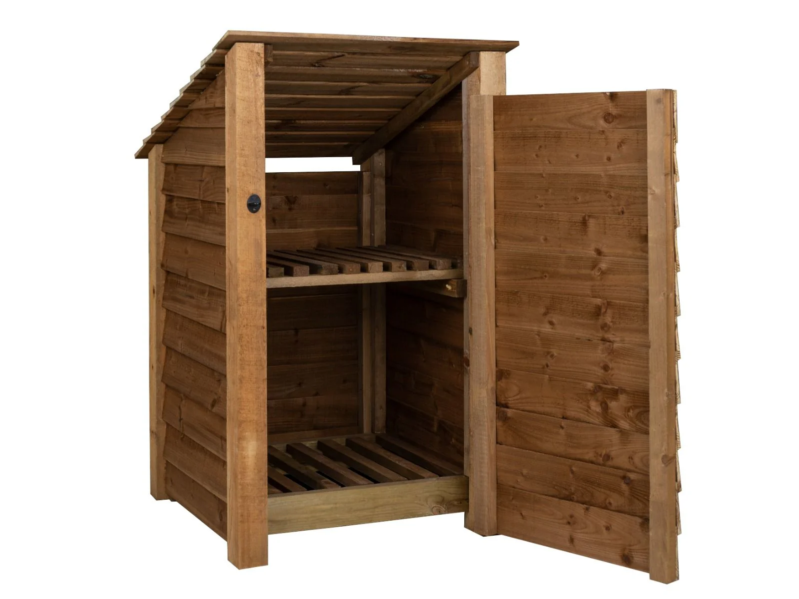 Wooden Log Store with Door and Shelf (Roof Sloping Back) W-79cm, H-126cm or 180cm, D-88cm - Brown Finish - Image 3