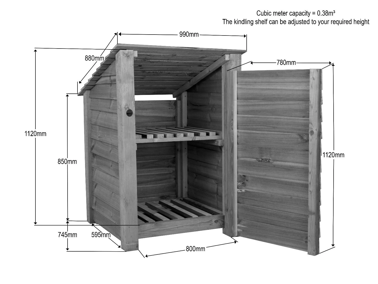 Wooden Log Store with Door and Shelf (Roof Sloping Back) W-99cm, H-126cm Or 180cm, D-88cm - Image 5