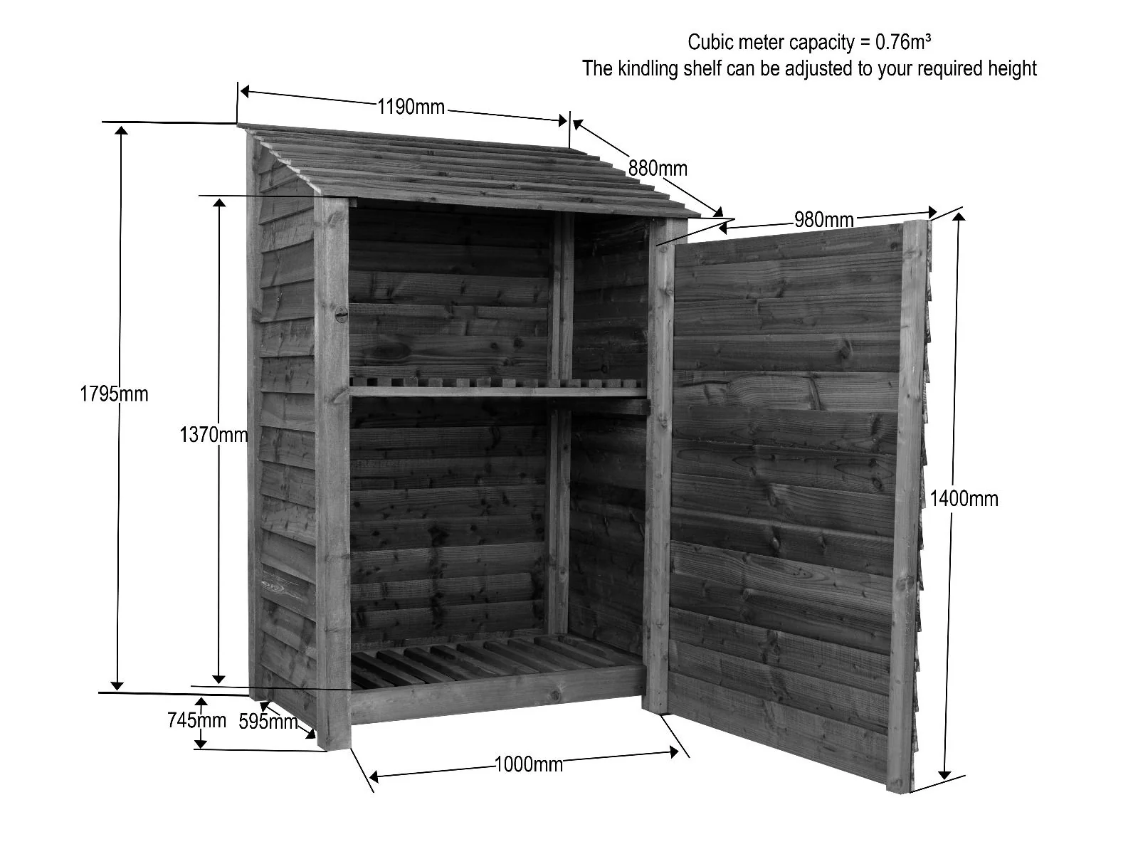 Wooden Log Store with Door and Shelf W-119cm, H-126cm Or 180cm, D-88cm - Image 3