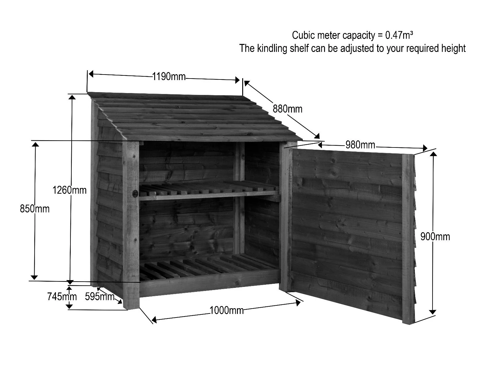 Wooden Log Store with Door and Shelf W-119cm, H-126cm or 180cm, D-88cm - Brown Finish - Image 6