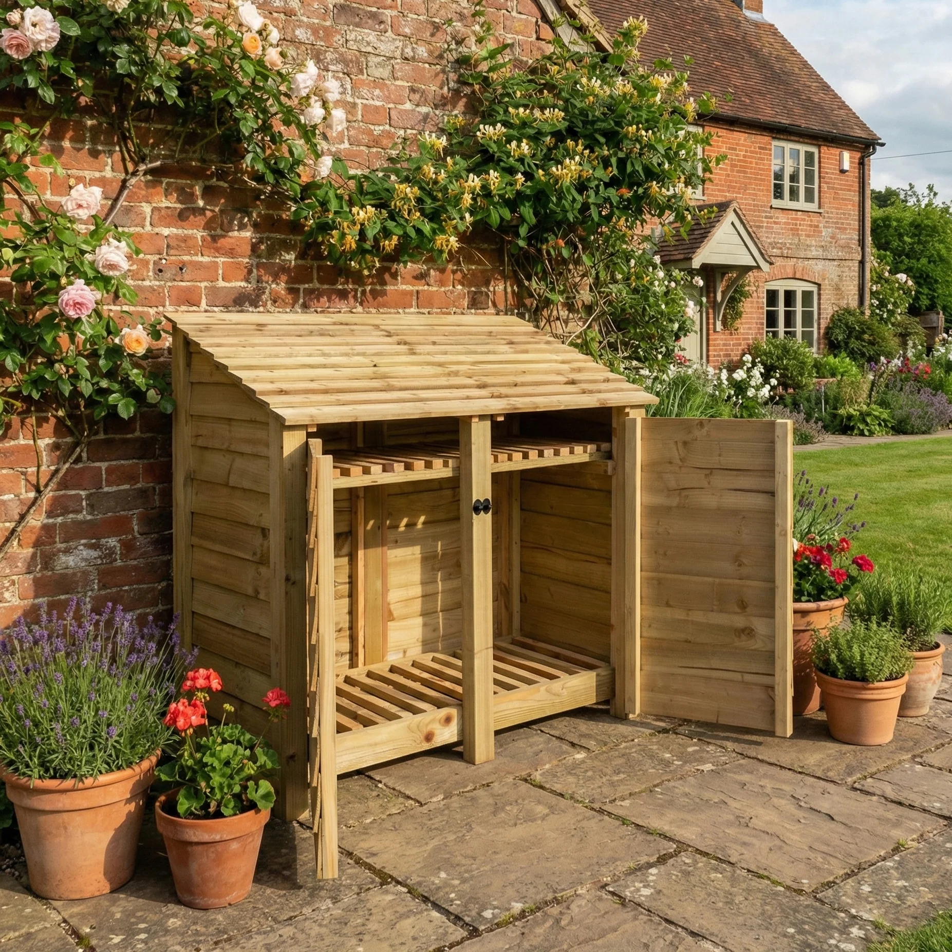 Wooden Log Store with Door and Shelf W-146cm, H-126cm or 180cm, D-88cm - Image 4