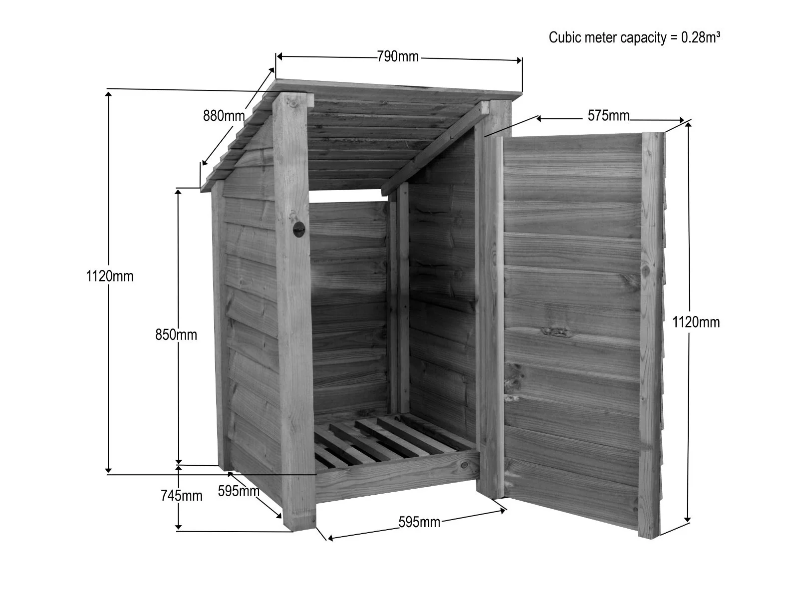 Wooden Log Store with Door (Roof Sloping Back) W-79cm, H-126cm or 180cm, D-88cm - Image 4
