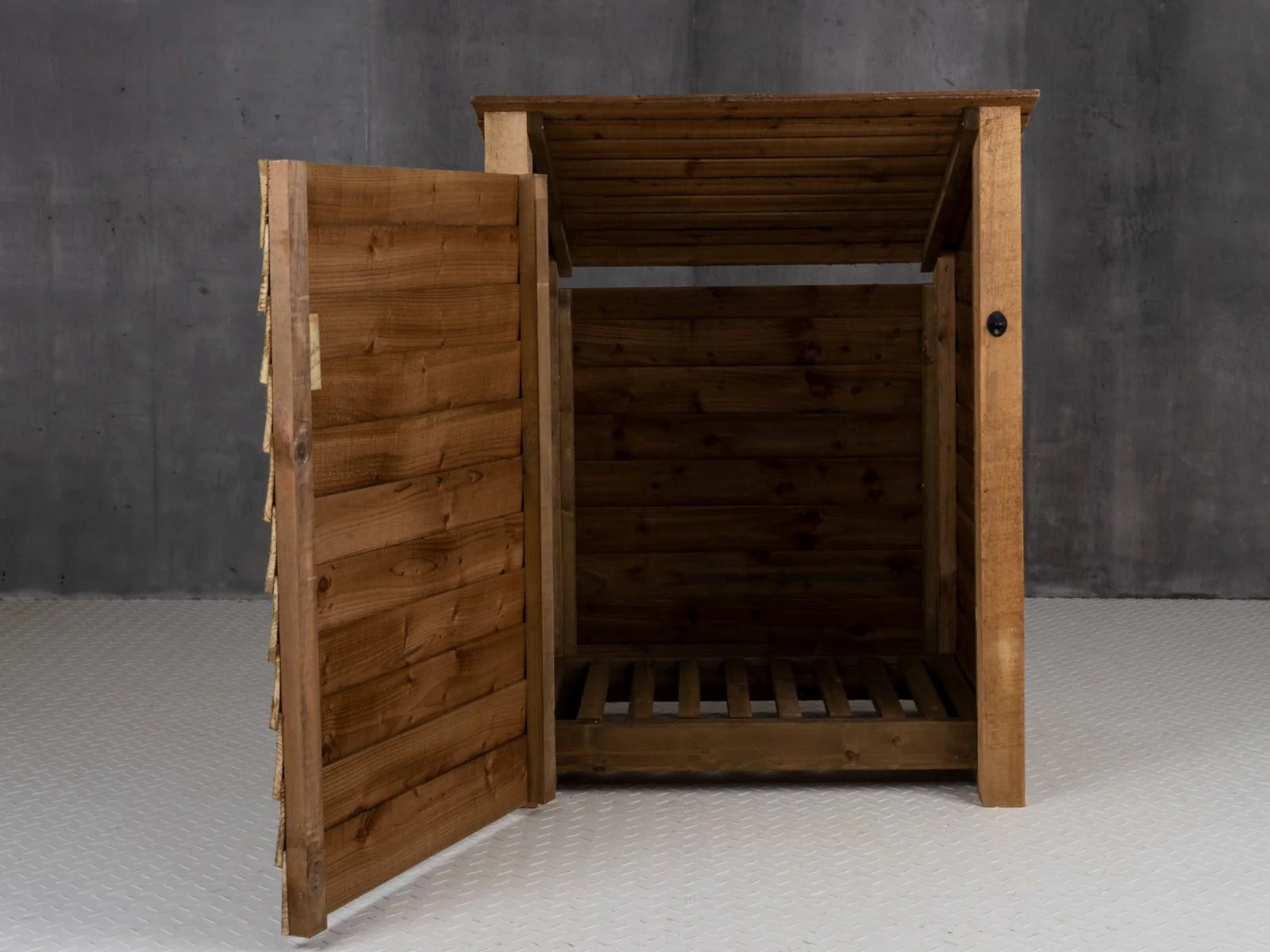 Wooden Log Store with Door (Roof Sloping Back) W-99cm, H-126cm Or 180cm, D-88cm - Brown Finish - Image 5