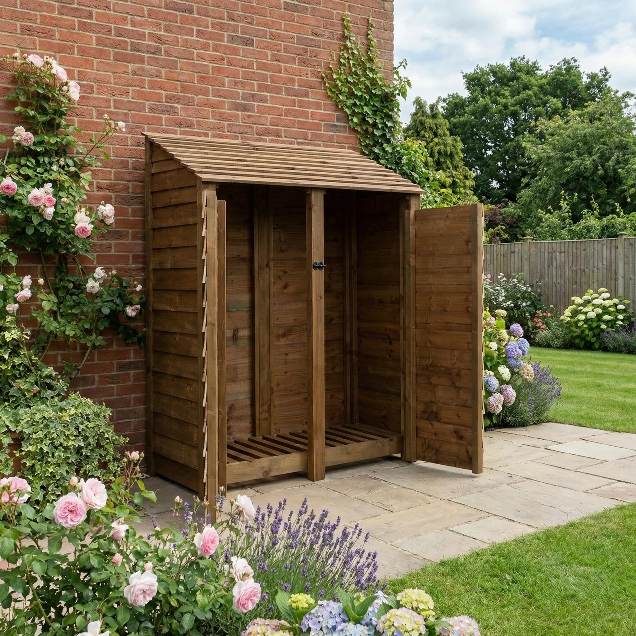 Wooden Log Store with Door W-146cm, H-126cm or 180cm, D-88cm - Brown Finish - Image 3