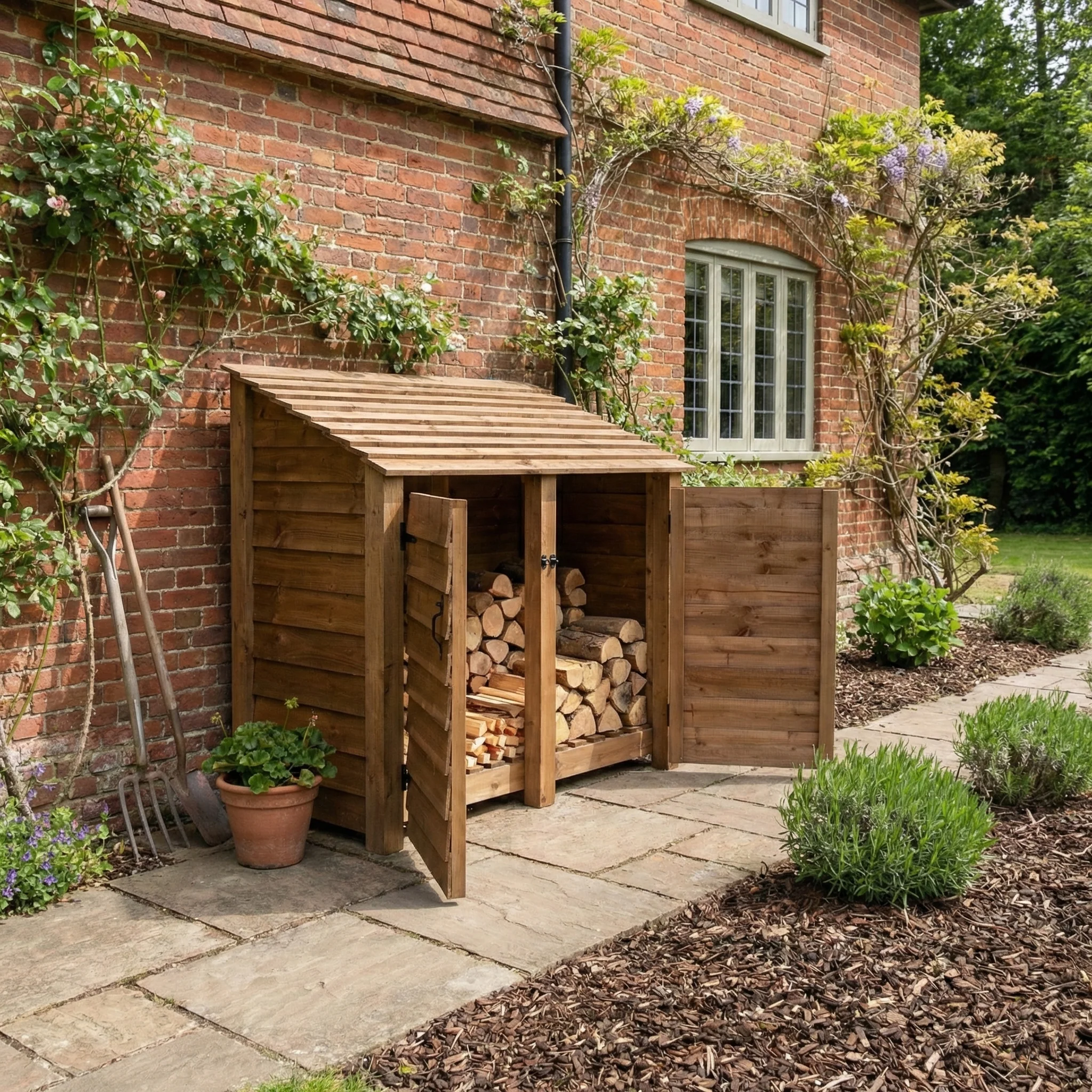 Wooden Log Store with Door W-146cm, H-126cm or 180cm, D-88cm - Brown Finish - Image 4