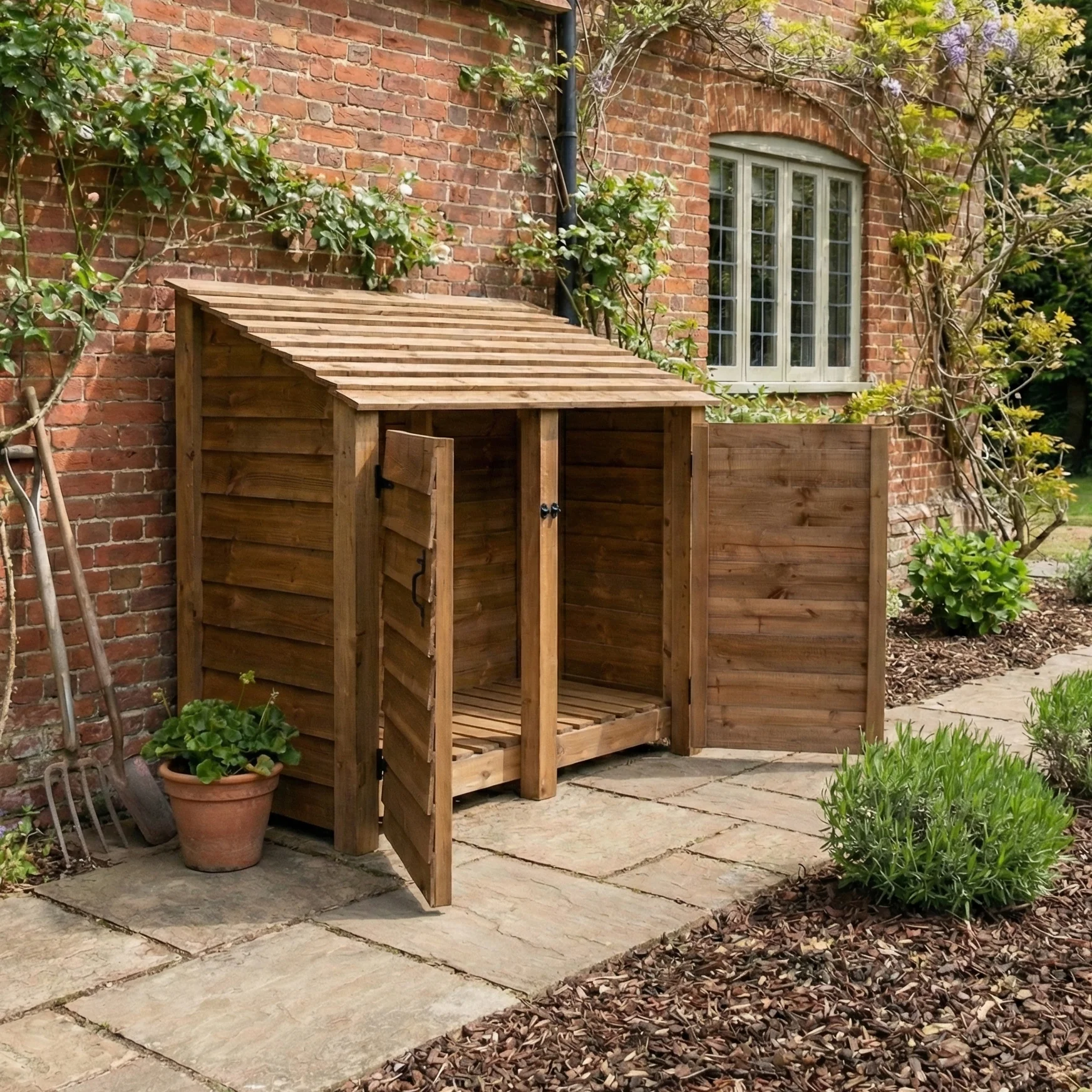 Wooden Log Store with Door W-146cm, H-126cm or 180cm, D-88cm - Brown Finish - Image 5