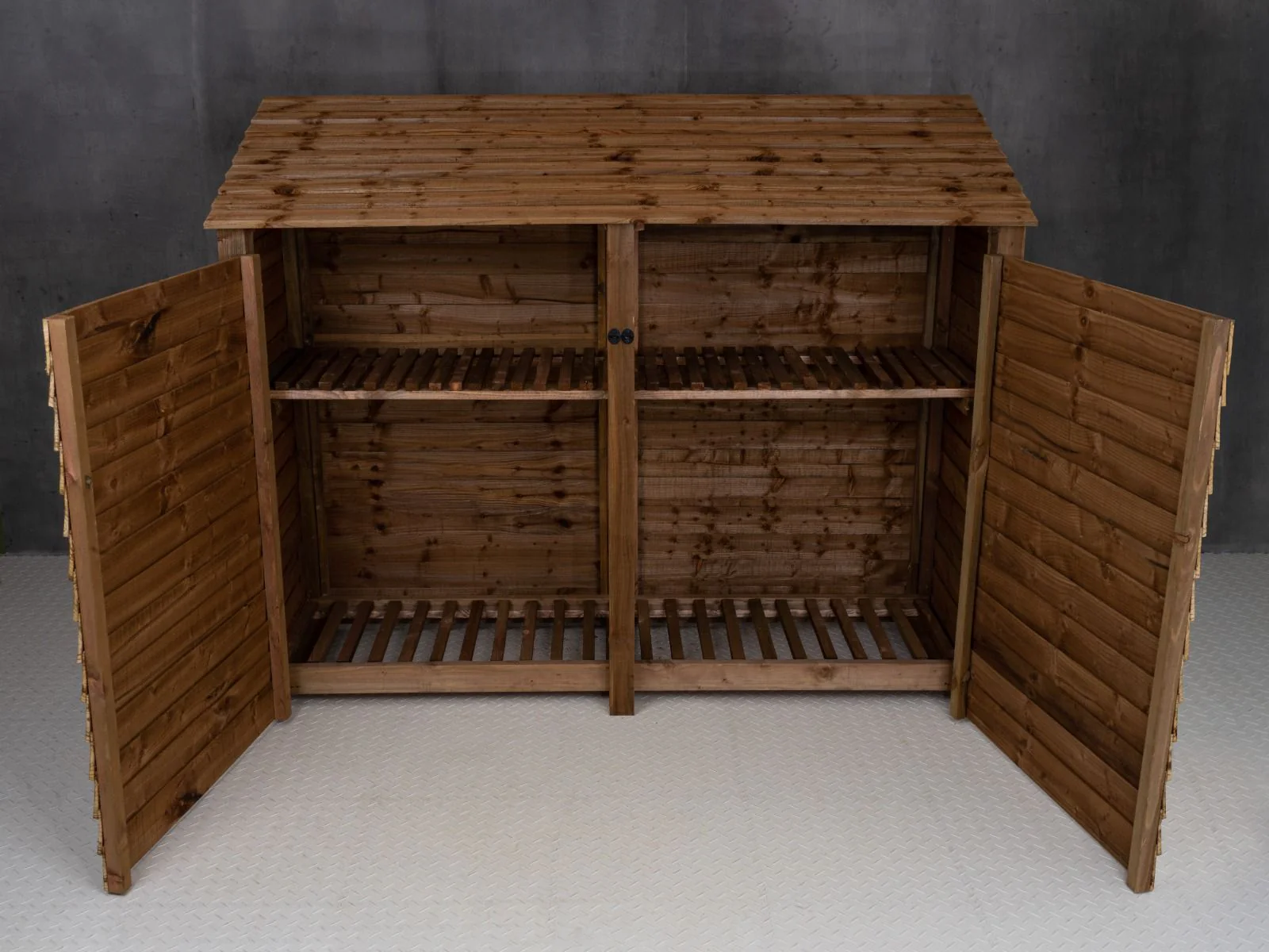 Wooden Log Store with Doors and Shelf W-227cm, H-126cm or 180cm, D-88cm - Brown Finish - Image 5