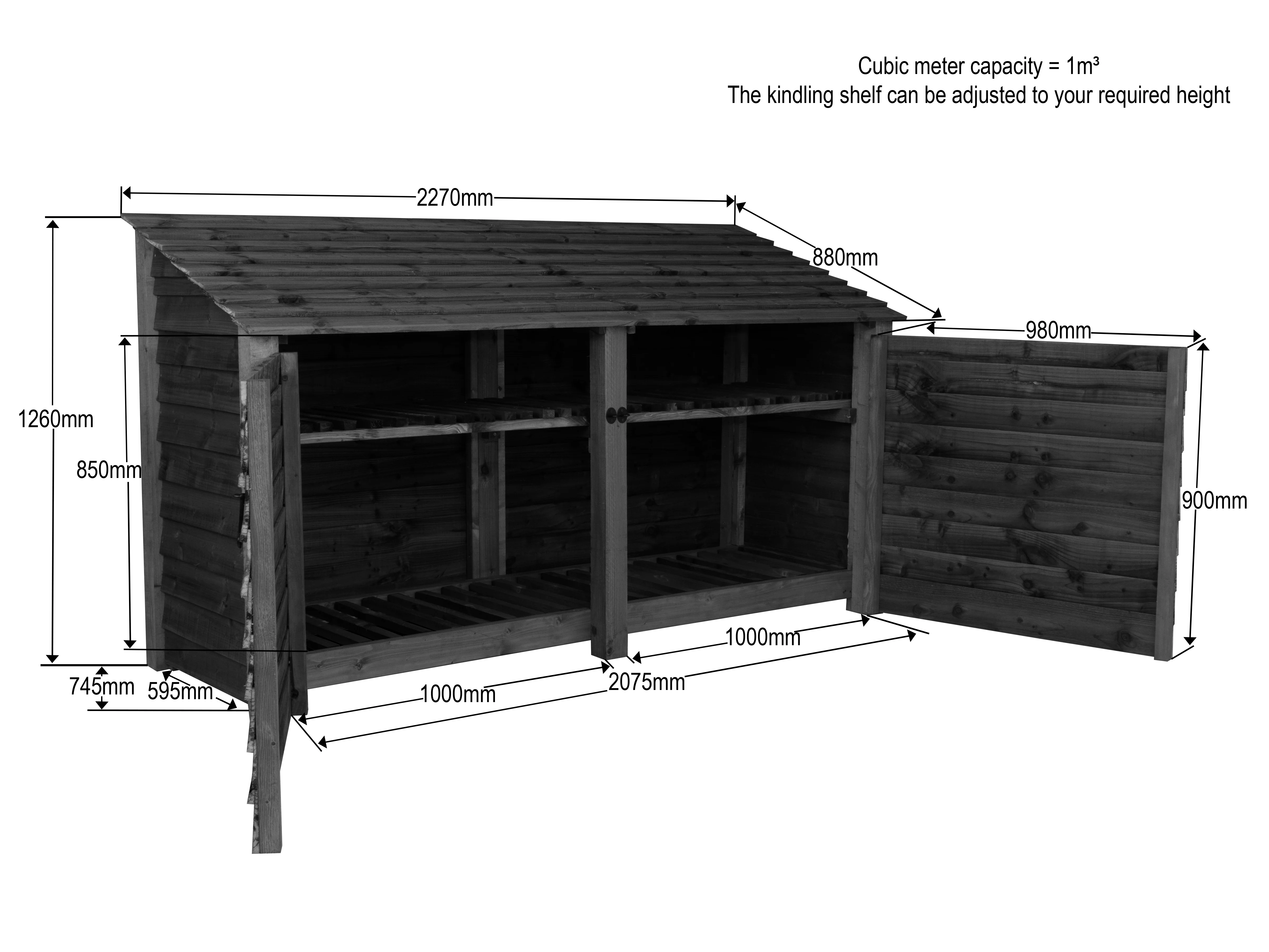 Wooden Log Store with Doors and Shelf W-227cm, H-126cm or 180cm, D-88cm - Brown Finish - Image 9