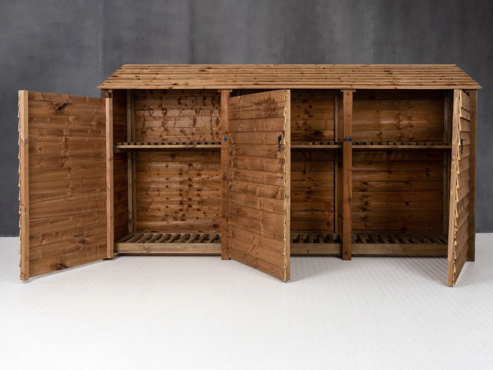 Wooden Log Store with Doors and Shelf W-335cm, H-126cm or 180cm, D-88cm - Brown Finish - Image 3
