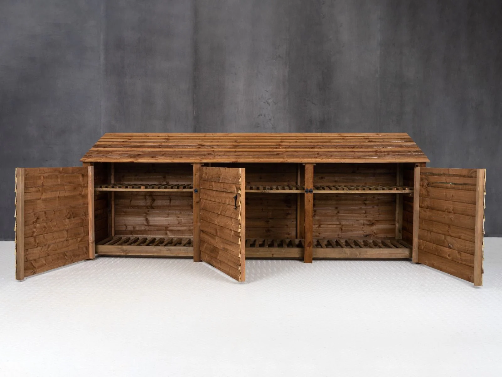 Wooden Log Store with Doors and Shelf W-335cm, H-126cm or 180cm, D-88cm - Brown Finish - Image 9