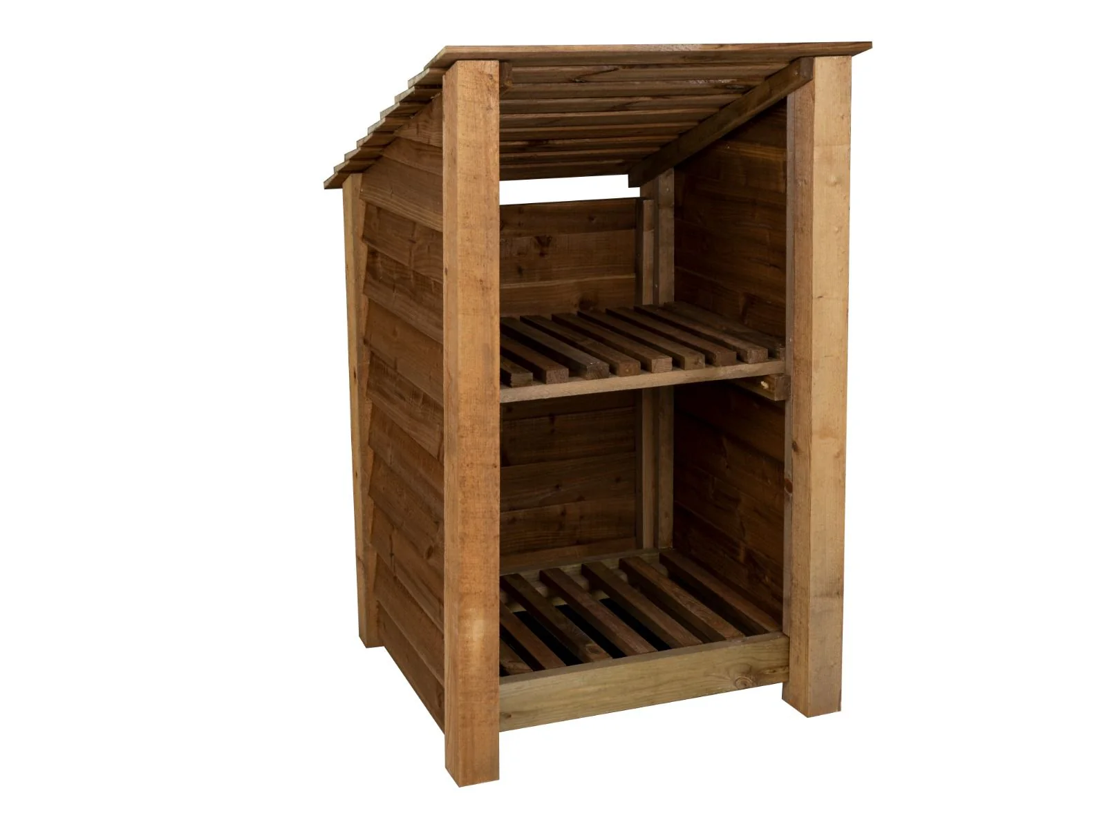Wooden Log Store with Shelf (Roof Sloping Back) W-79cm, H-126cm or 180cm, D-88cm - Brown Finish - Image 3