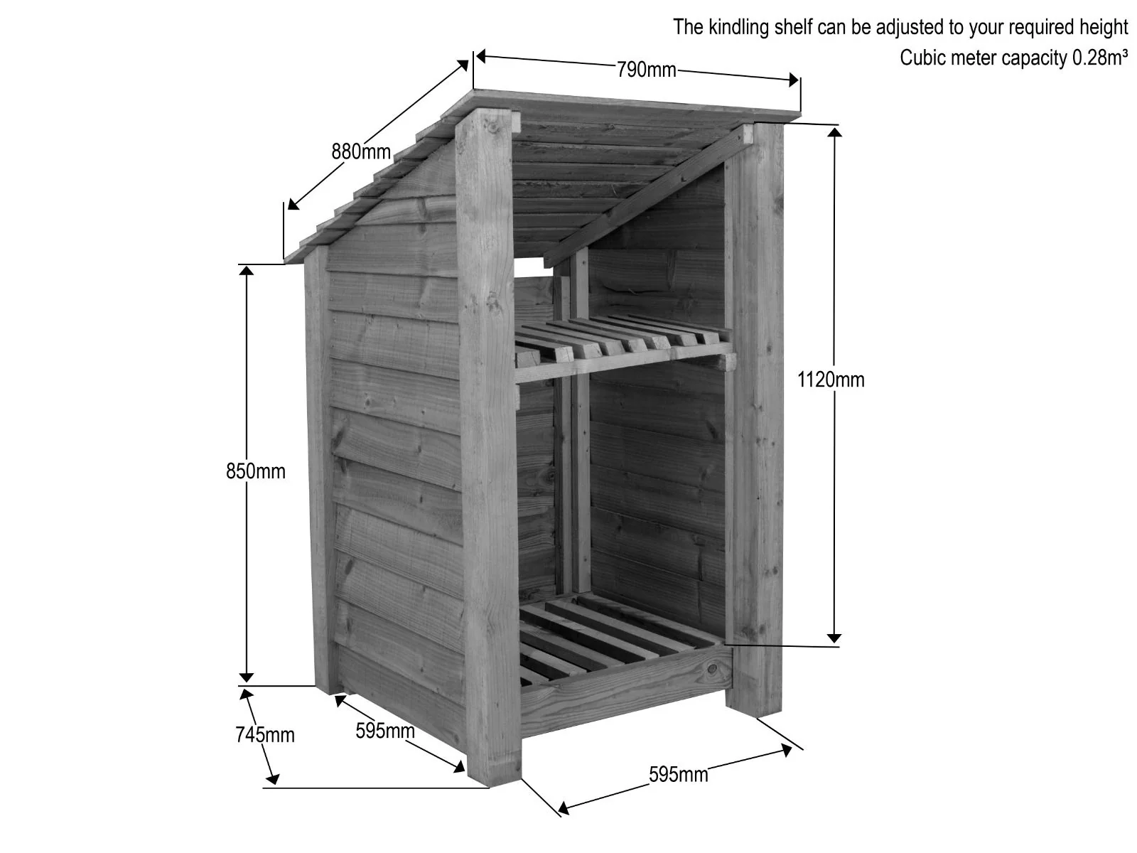 Wooden Log Store with Shelf (Roof Sloping Back) W-79cm, H-126cm or 180cm, D-88cm - Brown Finish - Image 4