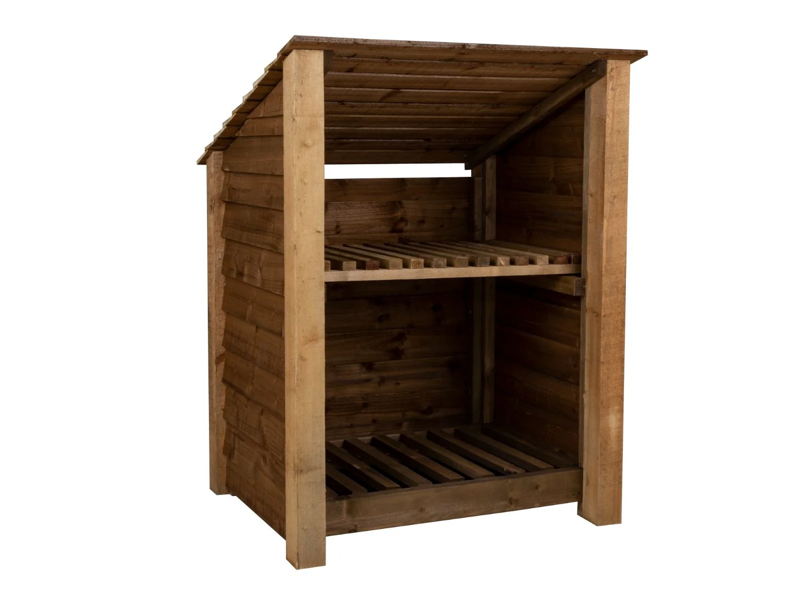 Wooden Log Store with Shelf (Roof Sloping Back) W-99cm, H-126cm Or 180cm, D-88cm - Brown Finish - Image 3