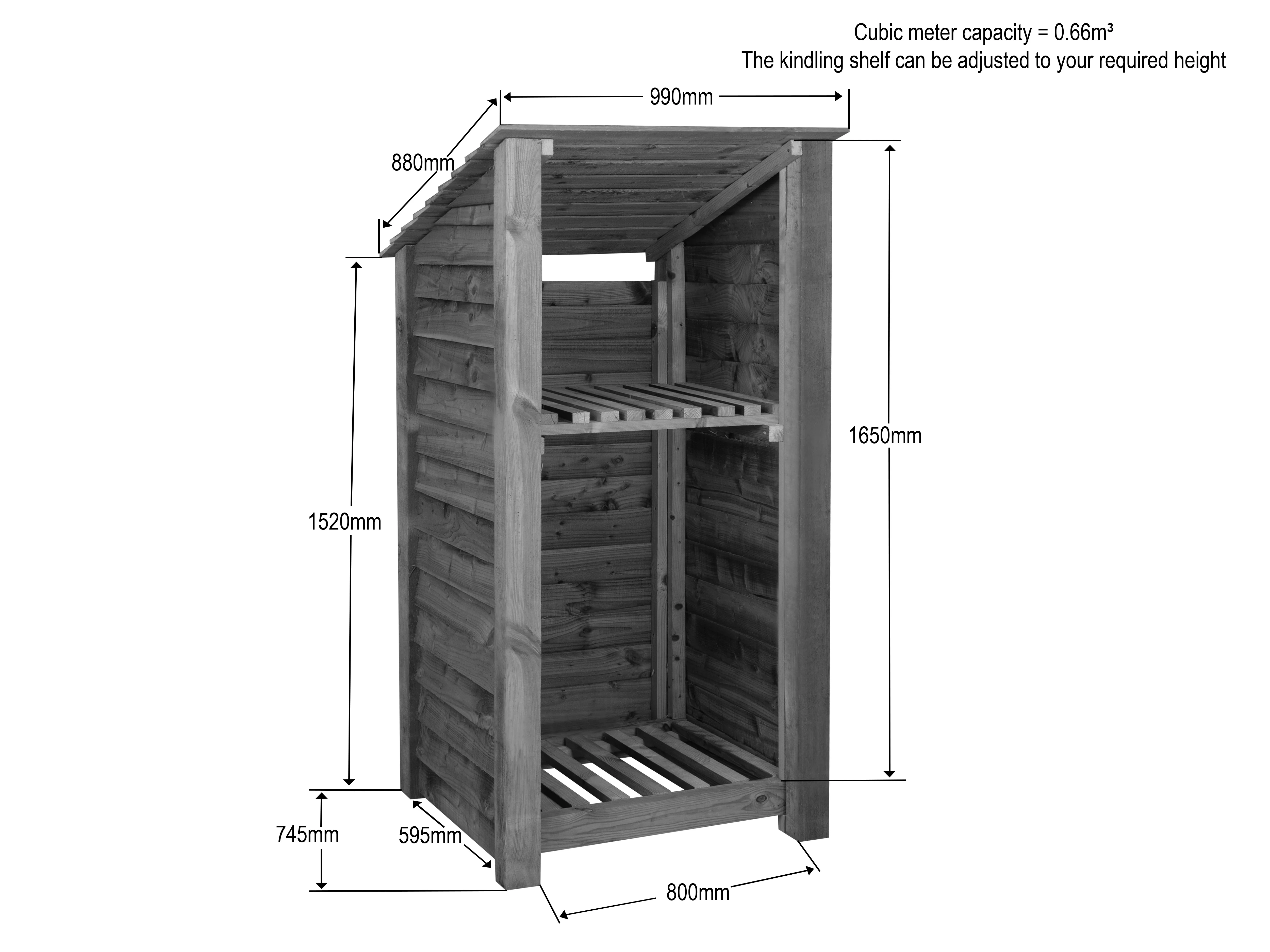 Wooden Log Store with Shelf (Roof Sloping Back) W-99cm, H-126cm Or 180cm, D-88cm - Brown Finish - Image 4