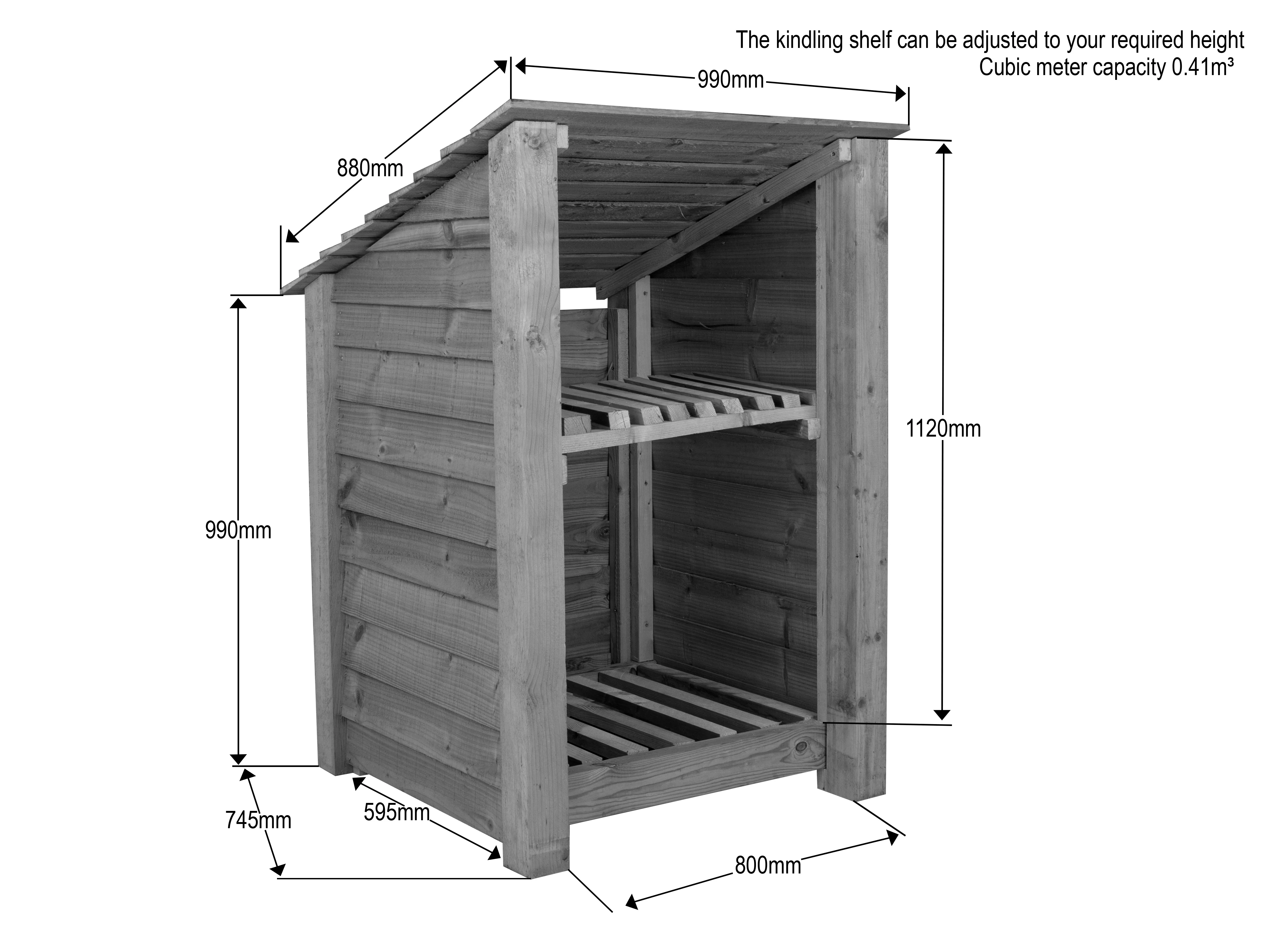 Wooden Log Store with Shelf (Roof Sloping Back) W-99cm, H-126cm Or 180cm, D-88cm - Brown Finish - Image 5