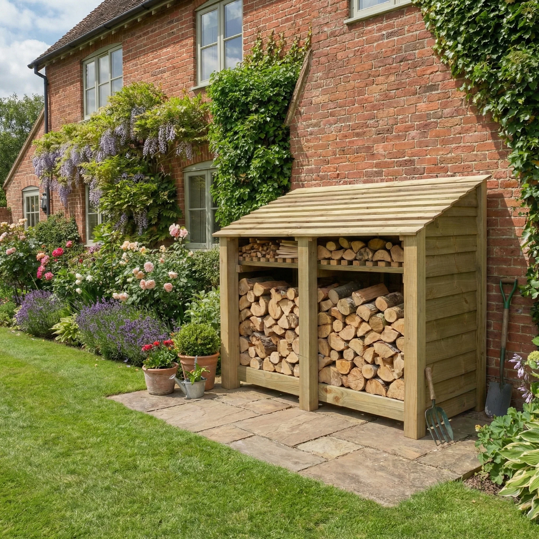 Wooden Log Store with Shelf W-146cm, H-126cm or 180cm, D-88cm - Image 4