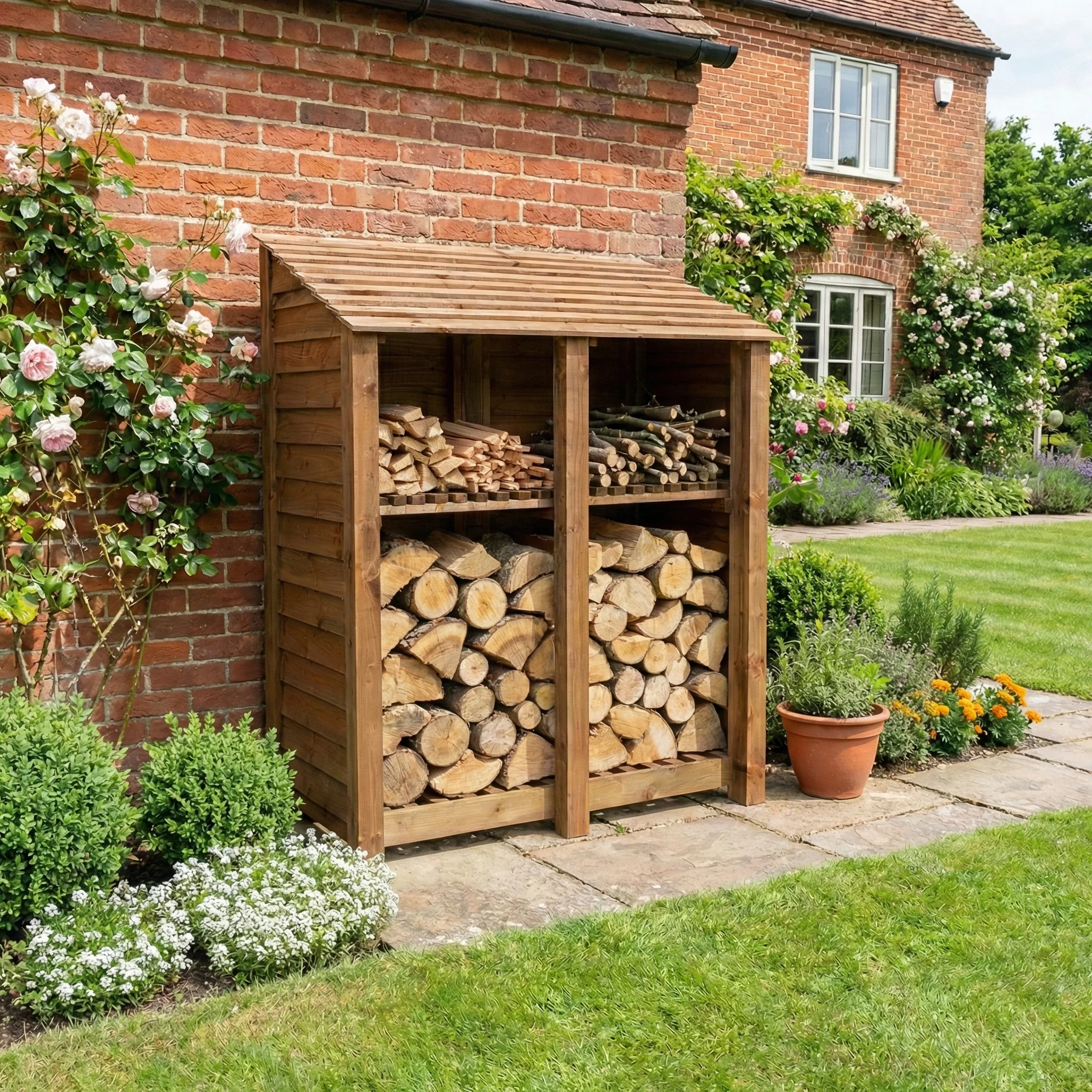 Wooden Log Store with Shelf W-146cm, H-126cm or 180cm, D-88cm - Brown Finish - Image 3