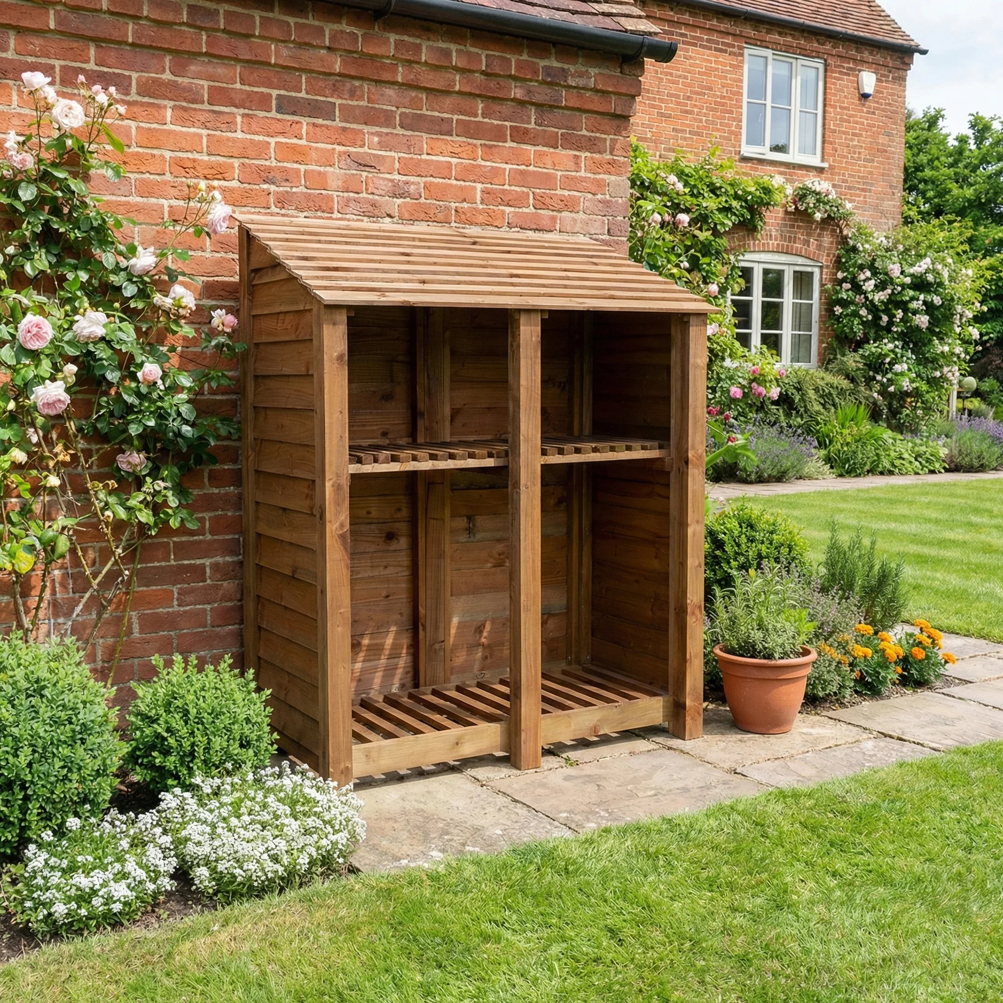 Wooden Log Store with Shelf W-146cm, H-126cm or 180cm, D-88cm - Brown Finish - Image 4