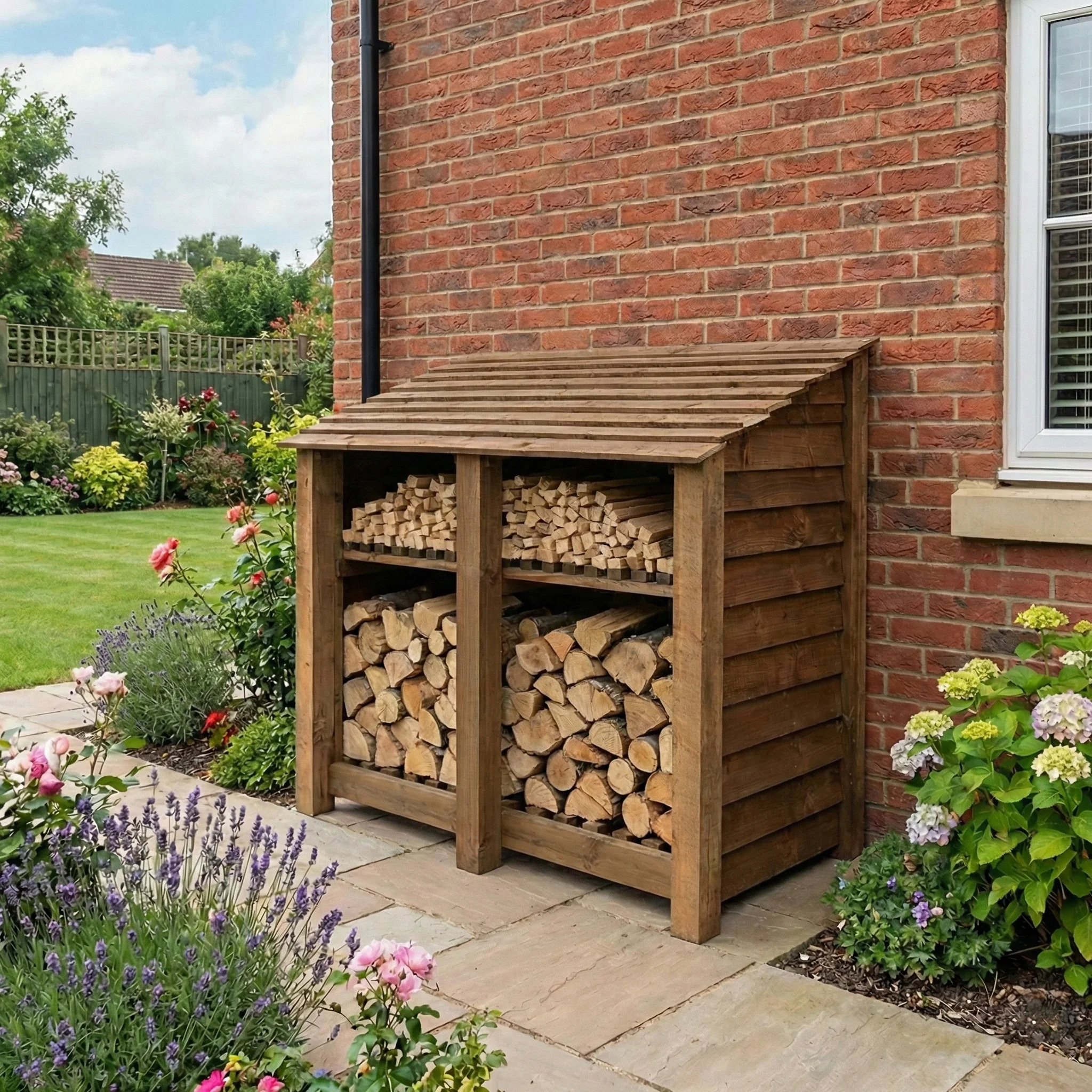 Wooden Log Store with Shelf W-146cm, H-126cm or 180cm, D-88cm - Brown Finish - Image 5