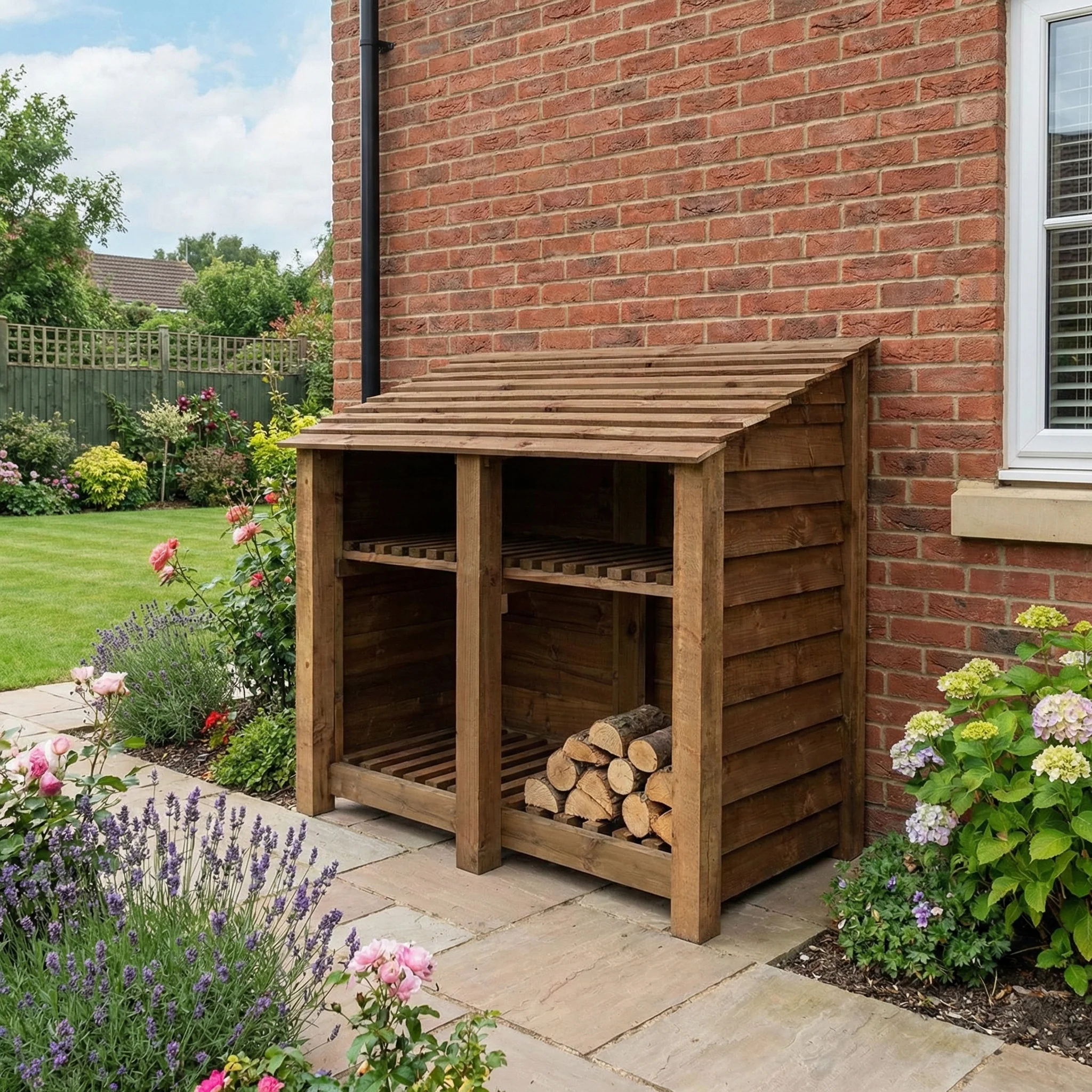 Wooden Log Store with Shelf W-146cm, H-126cm or 180cm, D-88cm - Brown Finish - Image 6