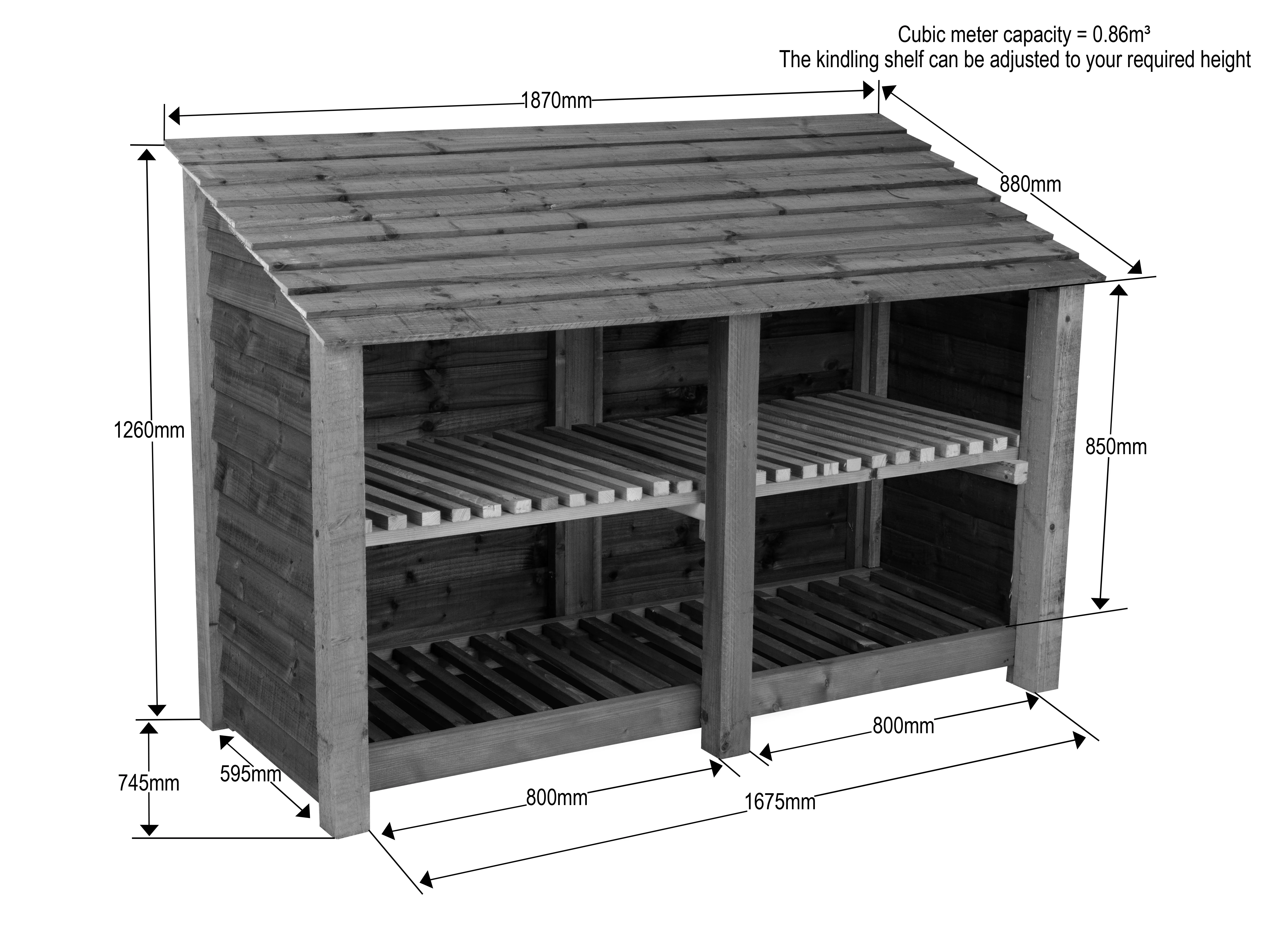 Wooden Log Store with Shelf W-187cm, H-126cm or 180cm, D-88cm - Image 7