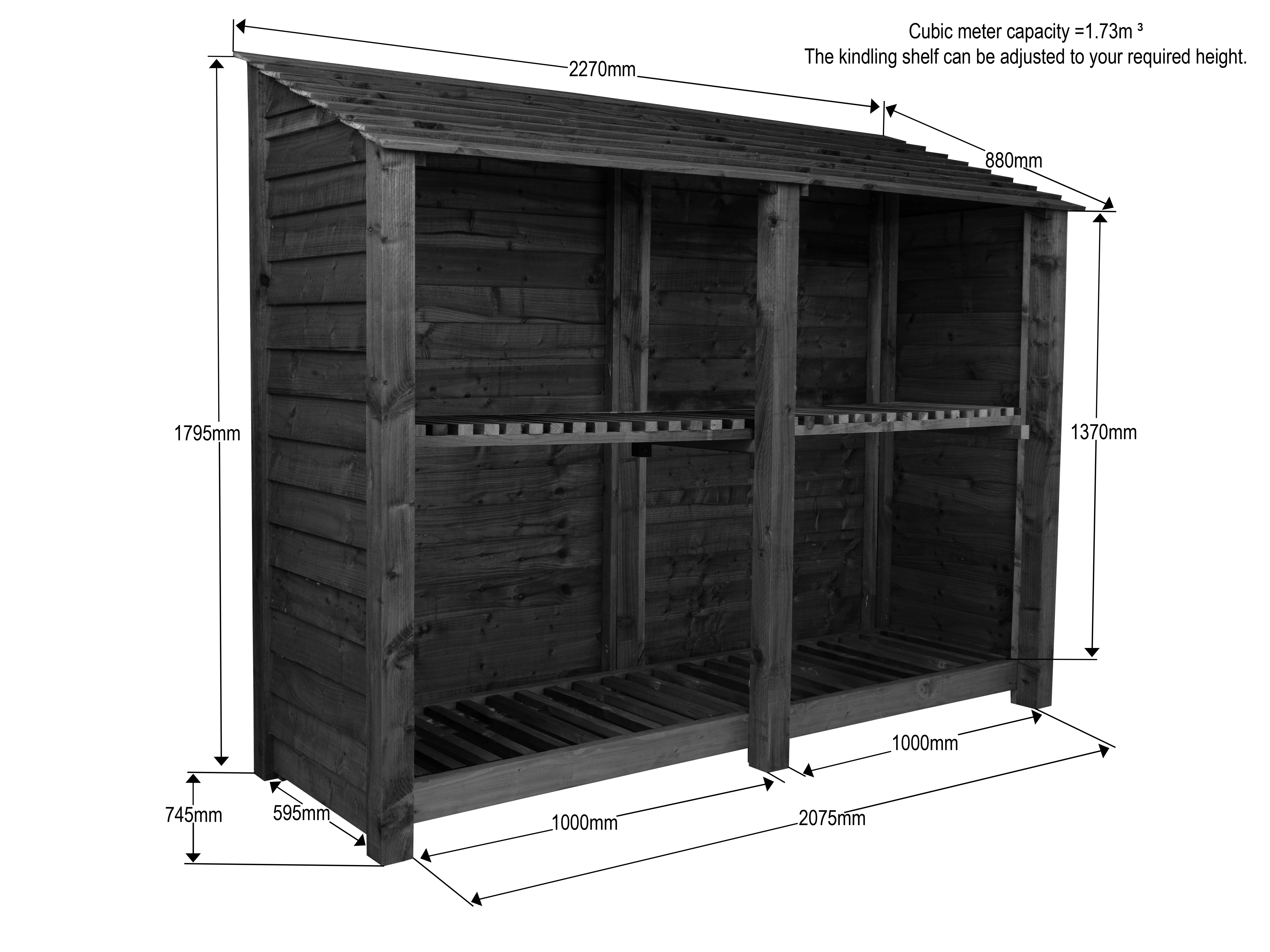 Wooden Log Store with Shelf W-227cm, H-126cm or 180cm, D-88cm - Image 6