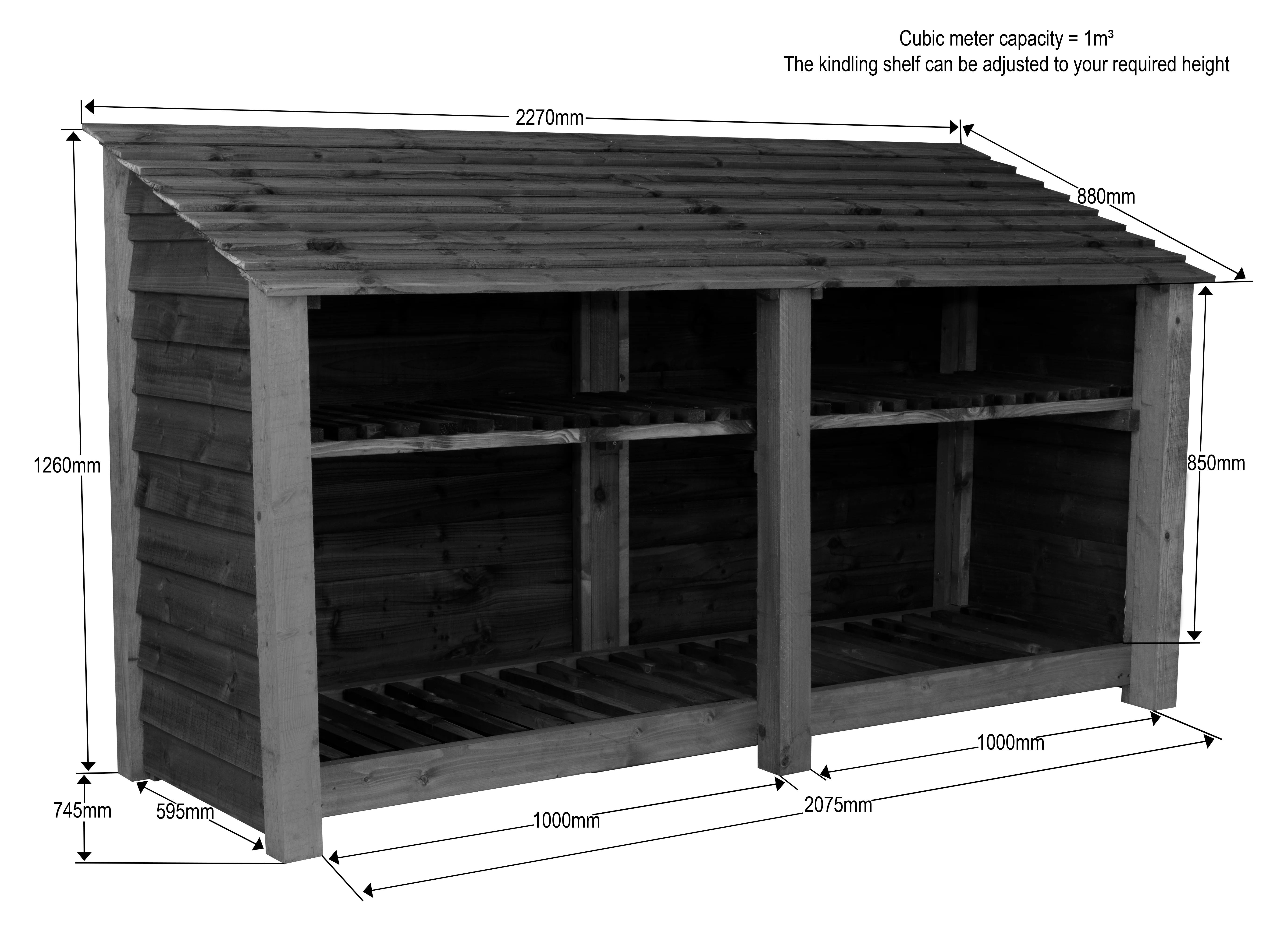 Wooden Log Store with Shelf W-227cm, H-126cm or 180cm, D-88cm - Image 7