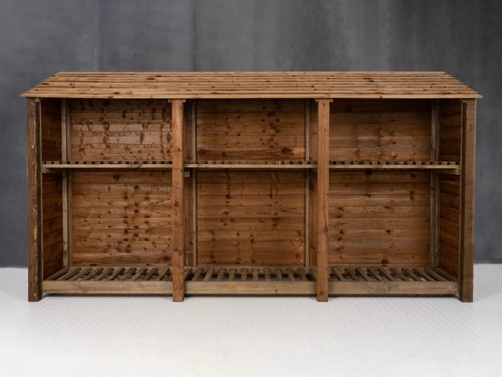Wooden Log Store with Shelf W-335cm, H-126cm or 180cm, D-88cm - Brown Finish - Image 3
