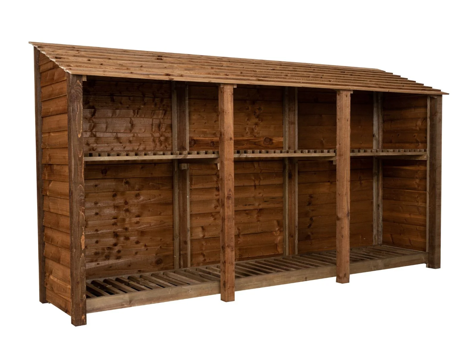 Wooden Log Store with Shelf W-335cm, H-126cm or 180cm, D-88cm - Brown Finish - Image 4