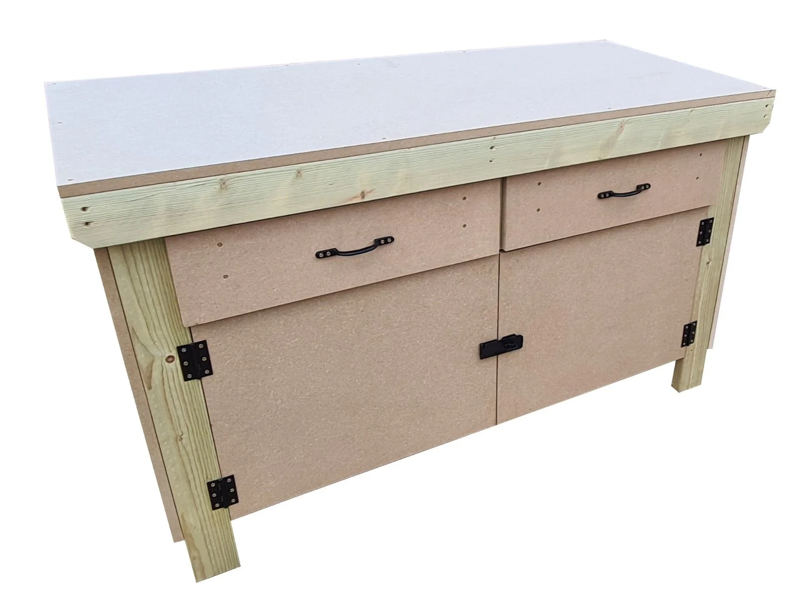 Wooden MDF top storage workbench with lockable cupboard and drawers (V.4)
