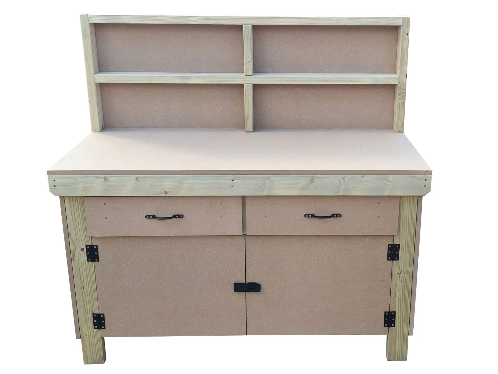 Wooden MDF top storage workbench with lockable cupboard and drawers (V.4) with back