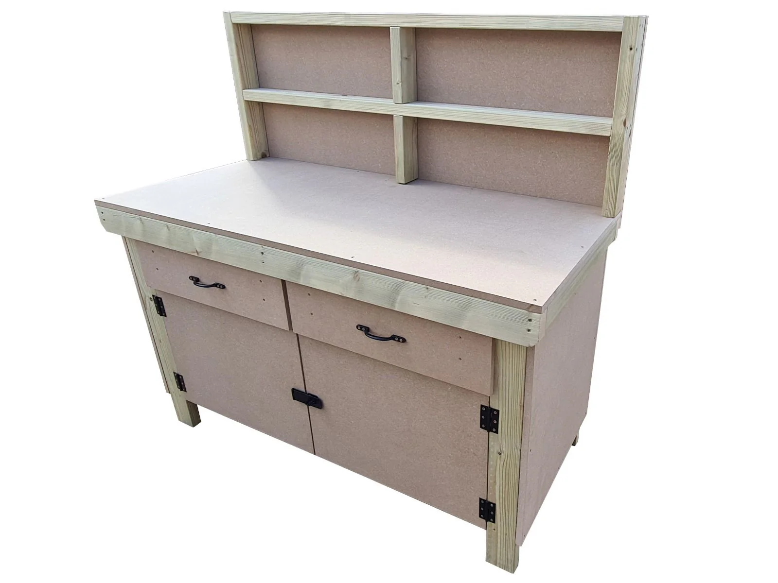 Wooden MDF top storage workbench with lockable cupboard and drawers (V.4) with back - Image 3