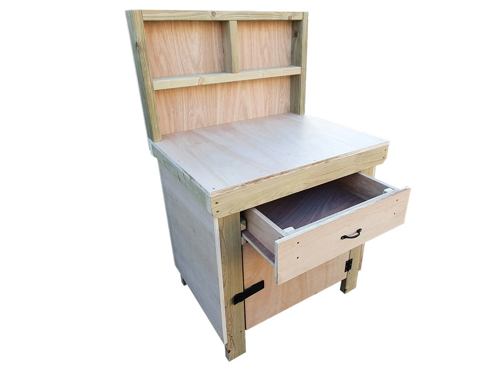 Wooden MDF top storage workbench with lockable cupboard and drawers (V.4) with back - Image 6