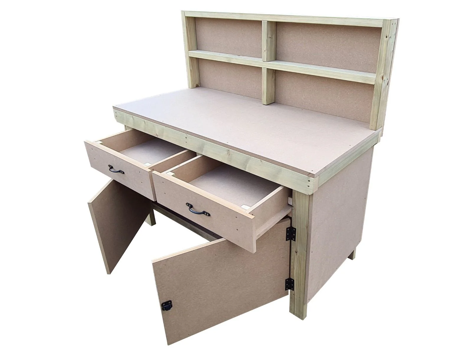 Wooden MDF top storage workbench with lockable cupboard and drawers (V.4) with back - Image 7