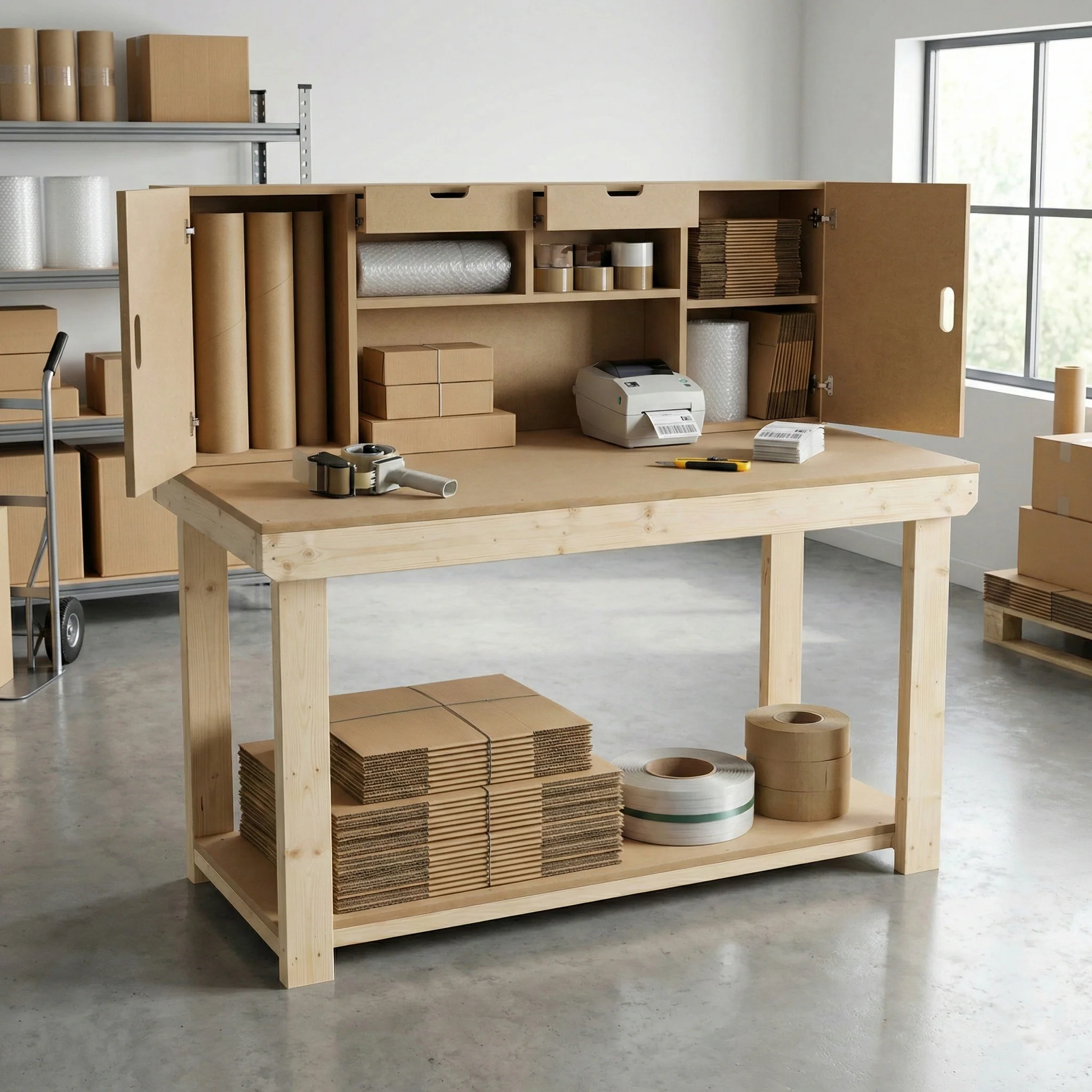 Wooden MDF top workbench with cupboard back panel and base shelf - Image 3