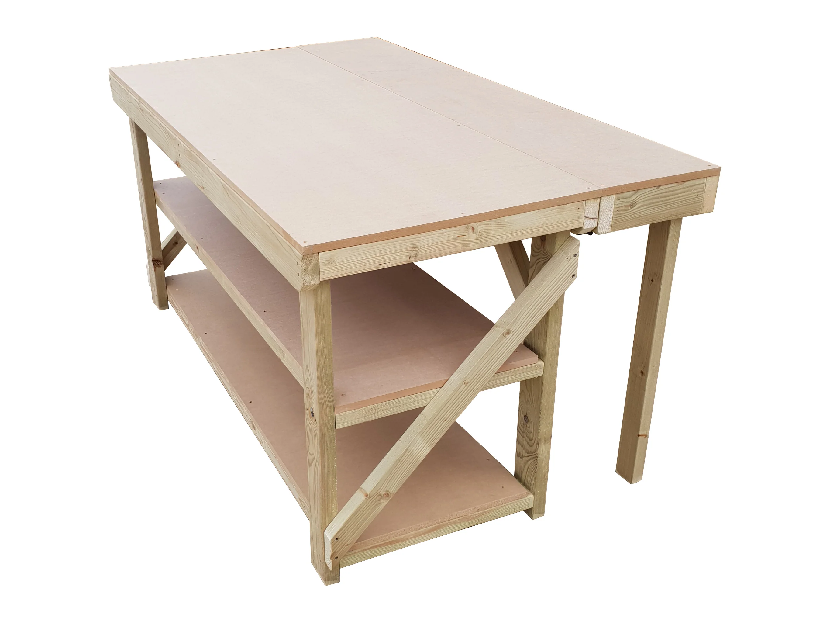 Wooden MDF Top Workbench With Extendable Working Surface and Double Shelf - Image 3
