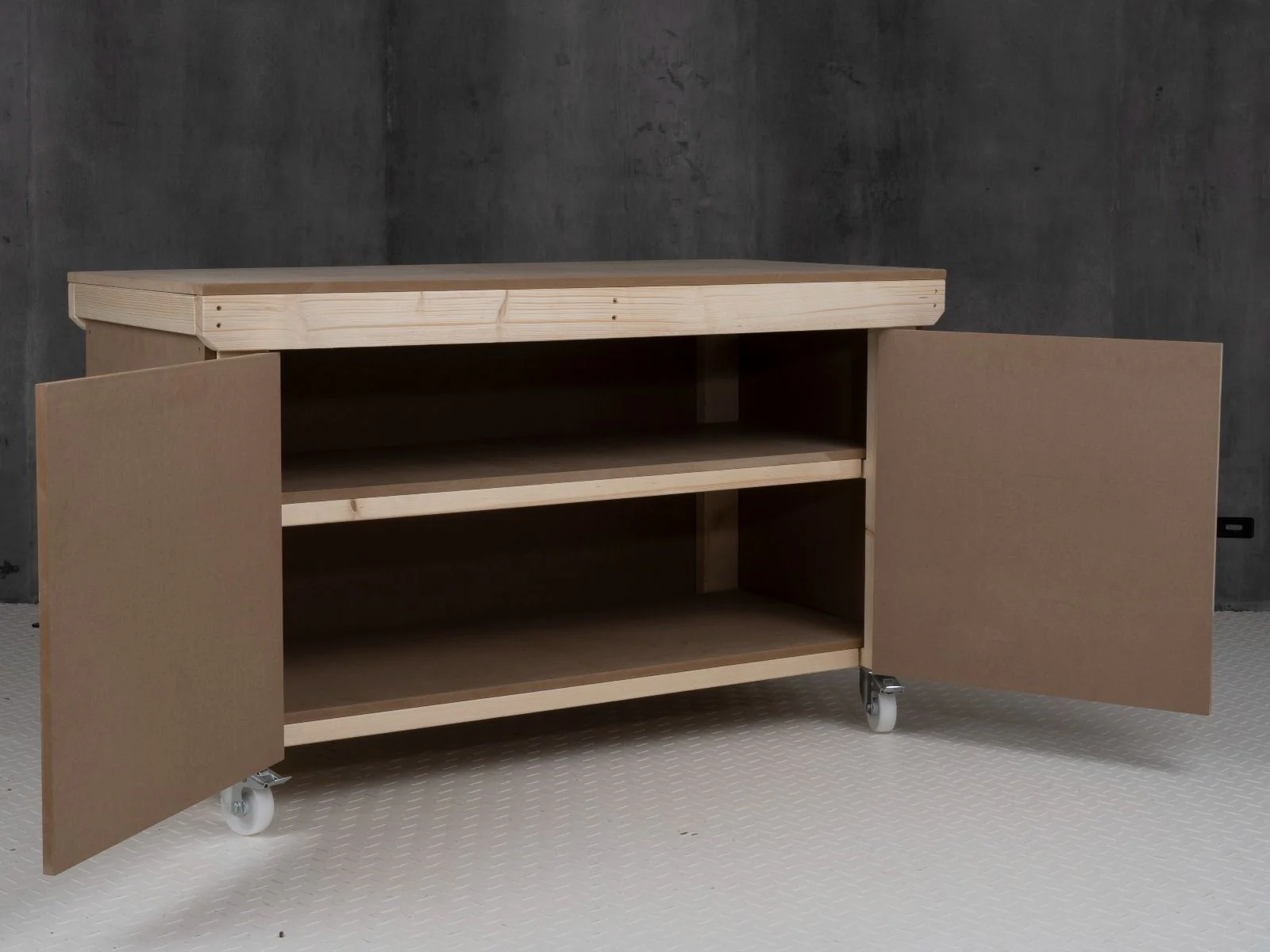 Wooden MDF Top Workbench With Lockable Cupboard (V.9) double shelf and wheels - Image 5